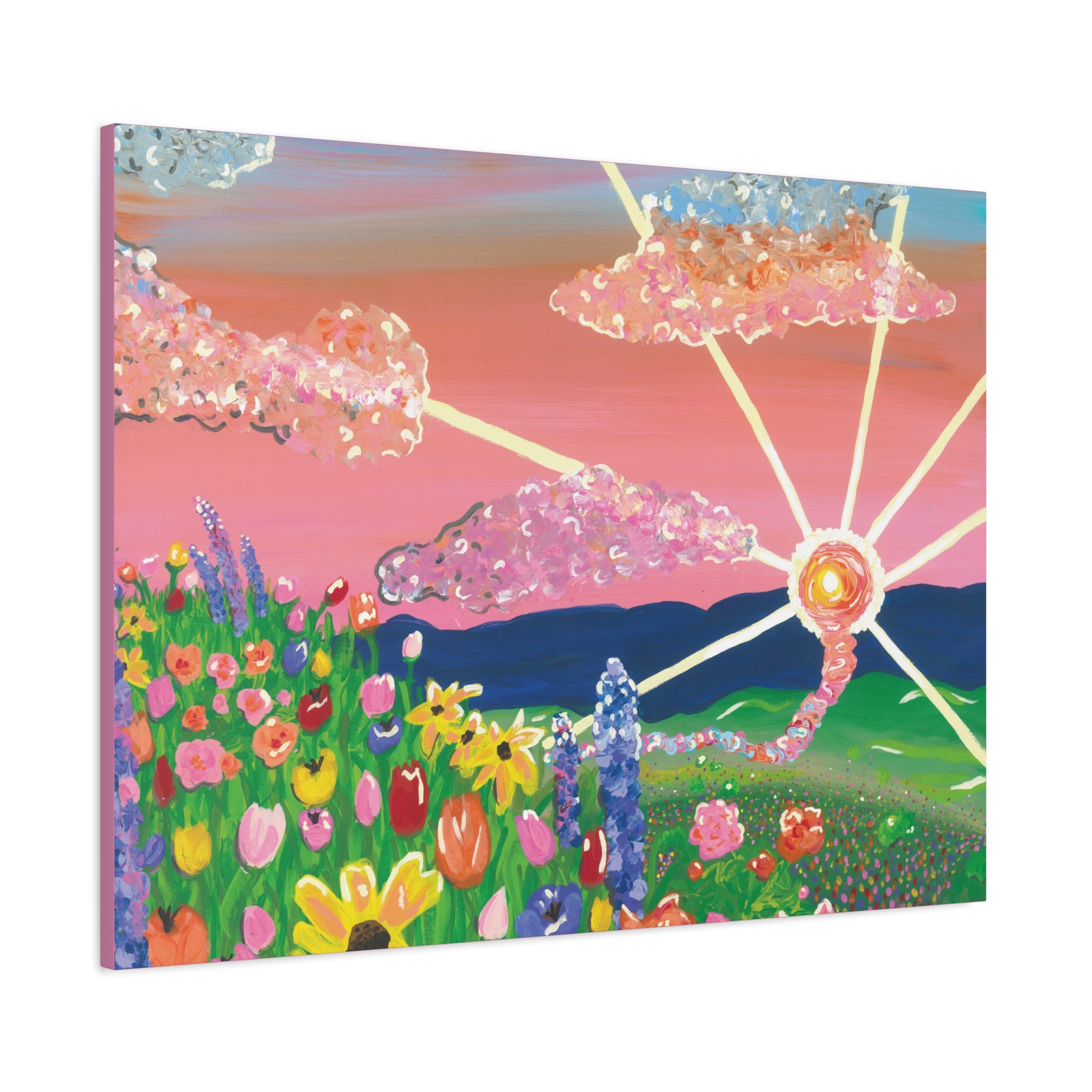Floral Sunset Canvas Wall Art — Colorful Meadow & Sparkling Sun
