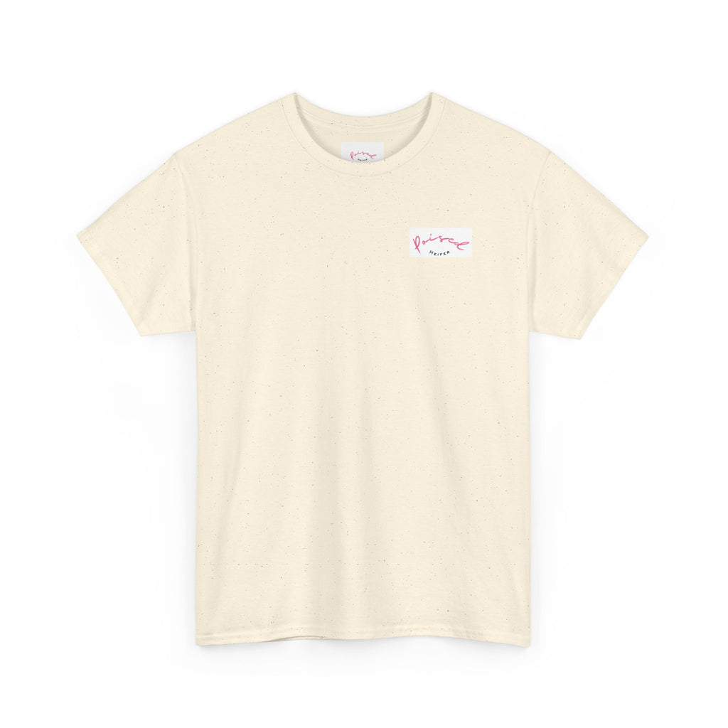 Cow Print Graphic Tee — "Poised Heifer" Cute Pastel Cow Back Print