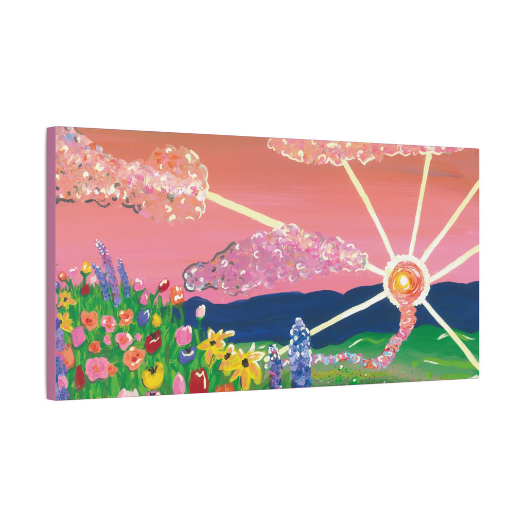 Floral Sunset Canvas Wall Art — Colorful Meadow & Sparkling Sun