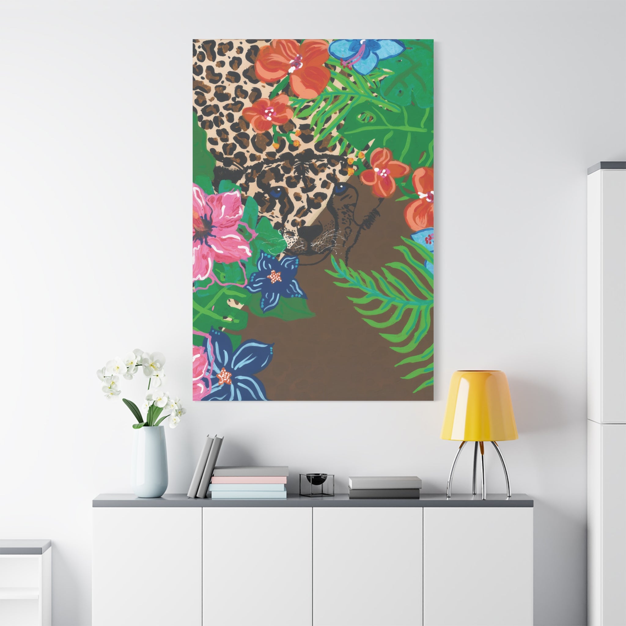 Tropical Cheetah Canvas Wall Art — Floral Jungle Stretched Matte Print