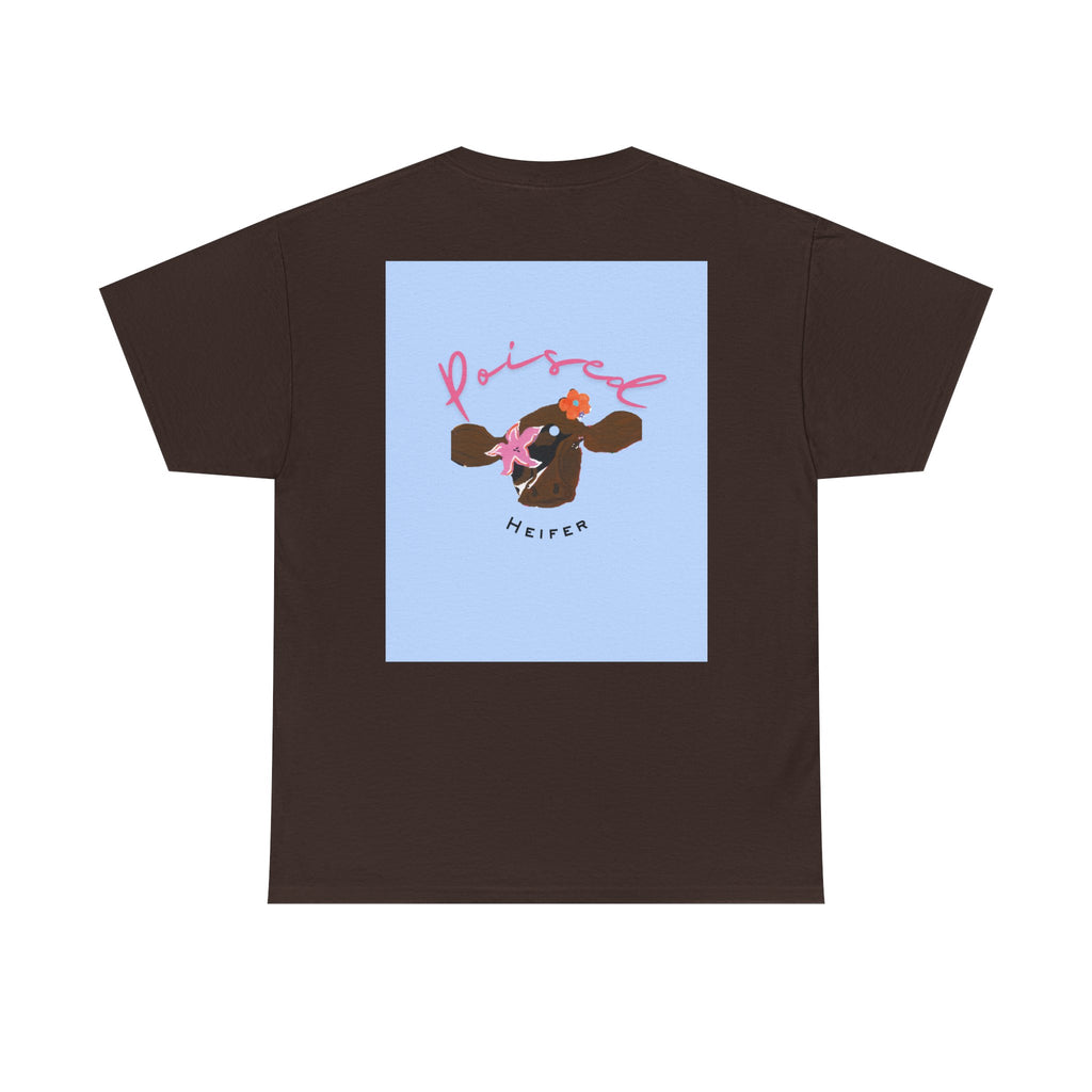 Cow Print Graphic Tee — "Poised Heifer" Cute Pastel Cow Back Print