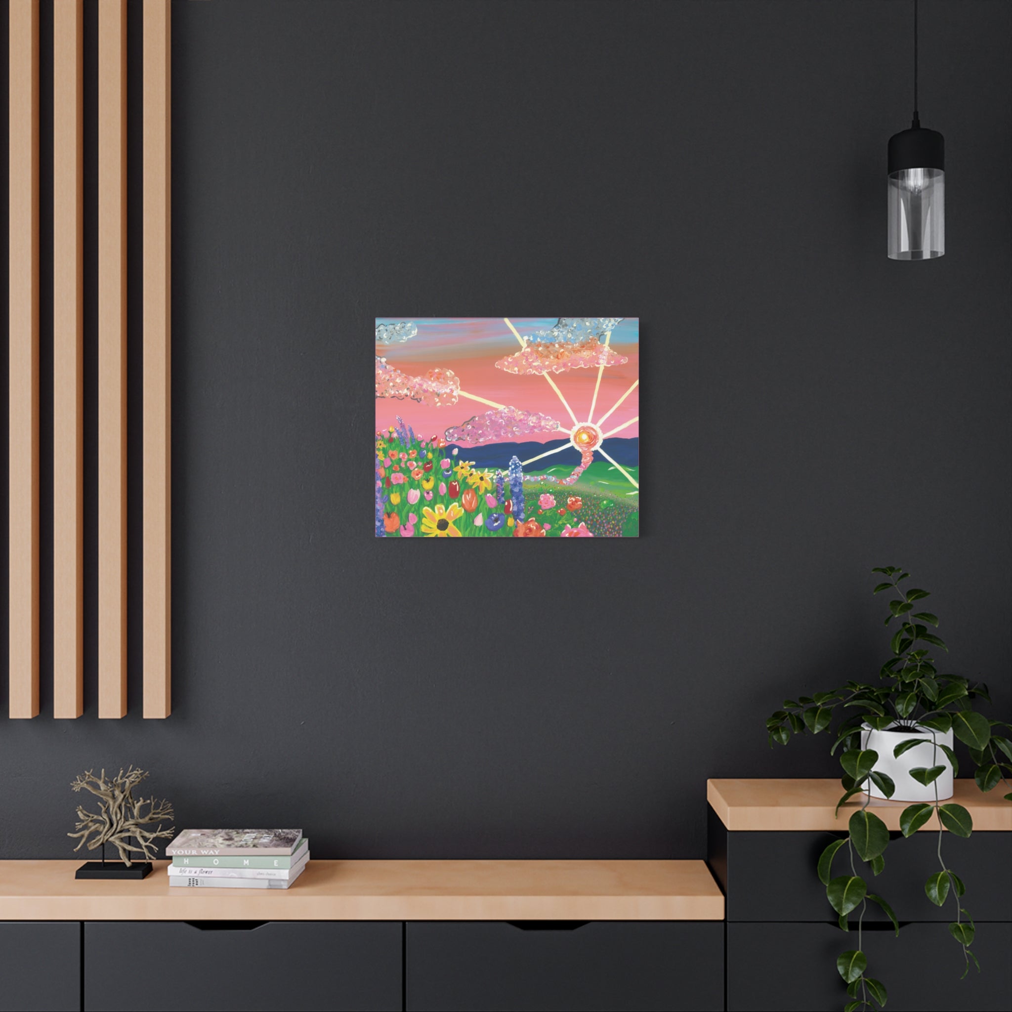 Floral Sunset Canvas Wall Art — Colorful Meadow & Sparkling Sun