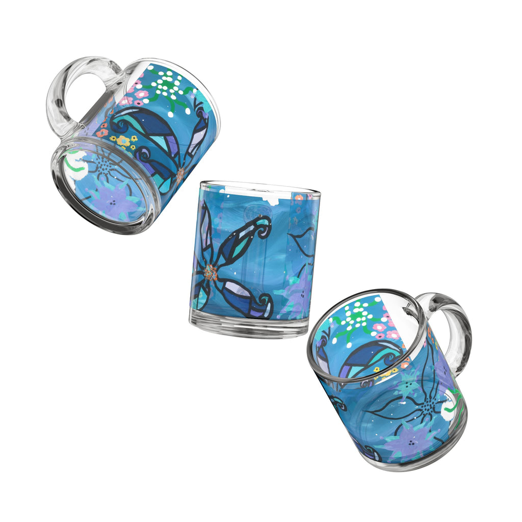 Blue Floral Glass Mug — 10oz Decorative Coffee Cup
