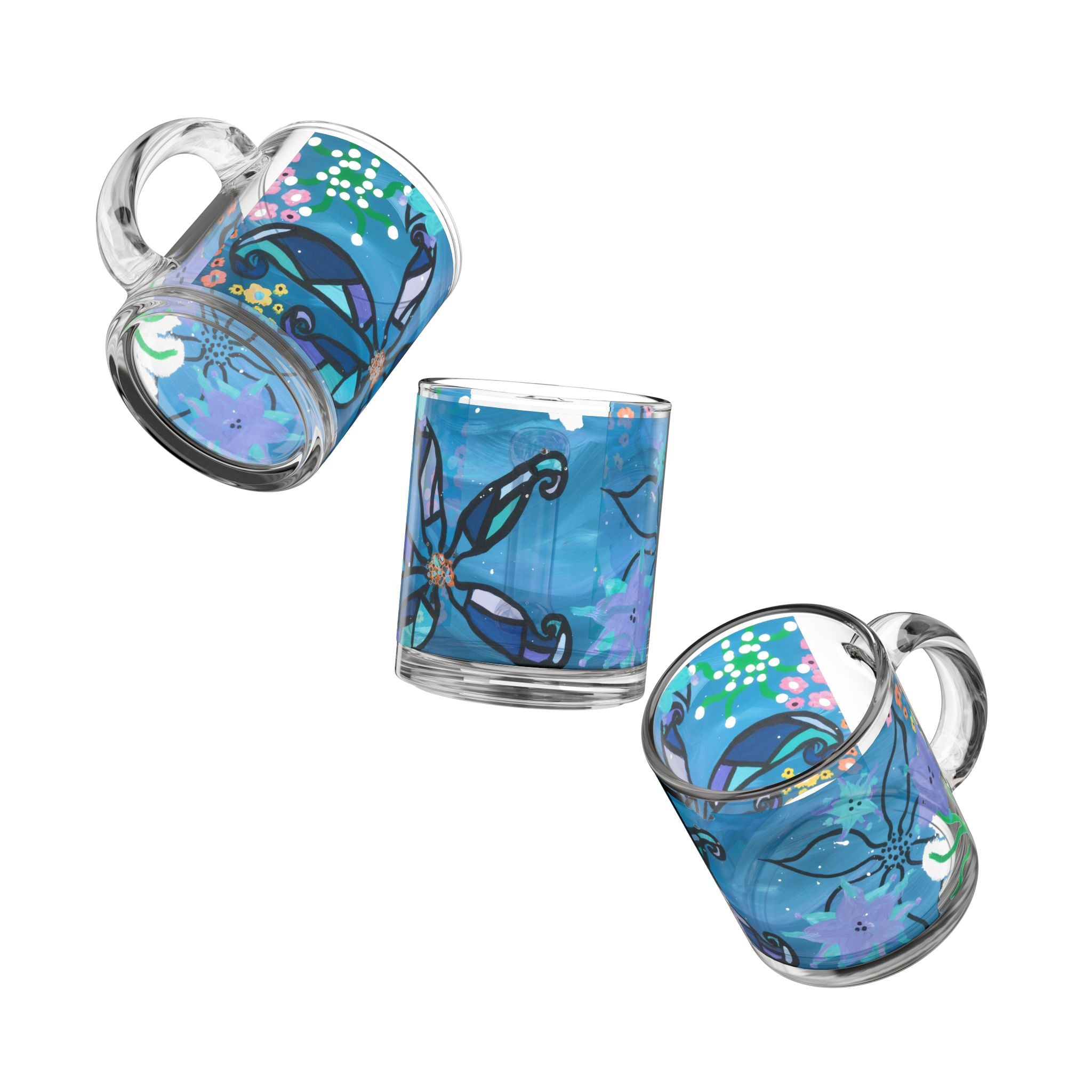 Blue Floral Glass Mug — 10oz Decorative Coffee Cup