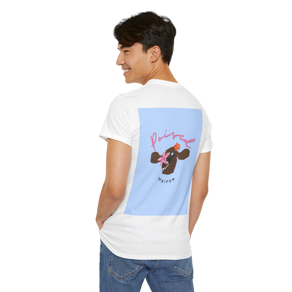 Cow Print Graphic Tee — "Poised Heifer" Cute Pastel Cow Back Print