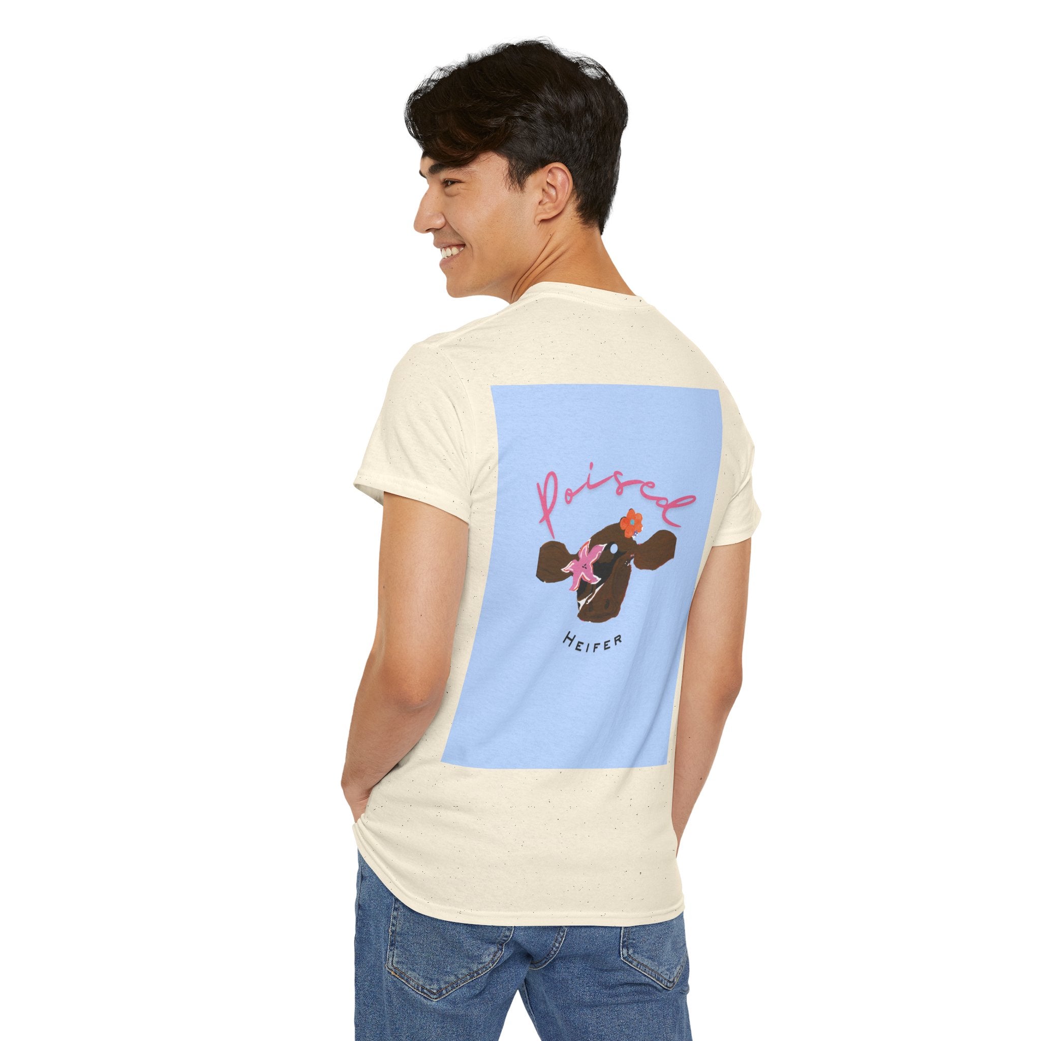 Cow Print Graphic Tee — "Poised Heifer" Cute Pastel Cow Back Print