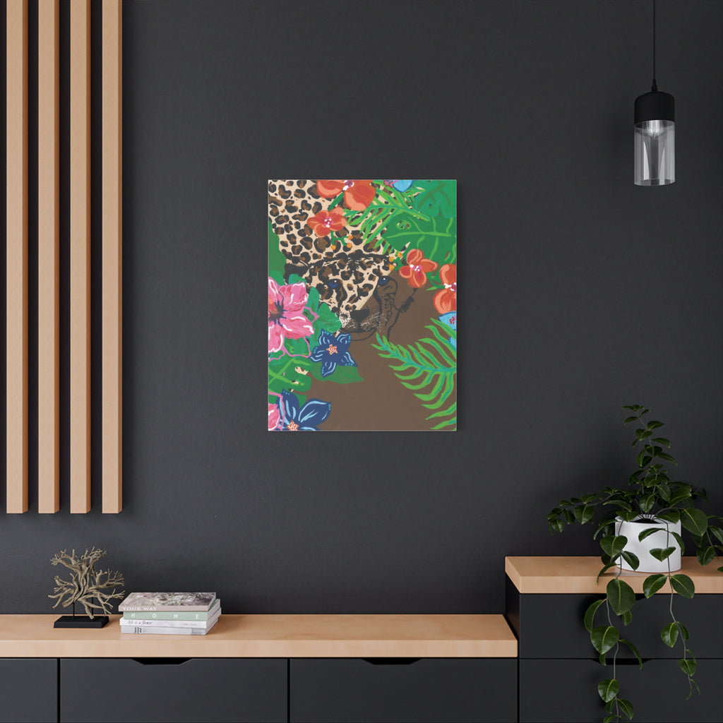 Tropical Cheetah Canvas Wall Art — Floral Jungle Stretched Matte Print