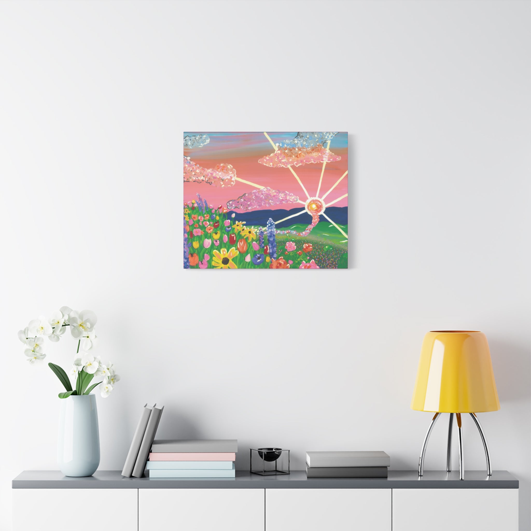 Floral Sunset Canvas Wall Art — Colorful Meadow & Sparkling Sun
