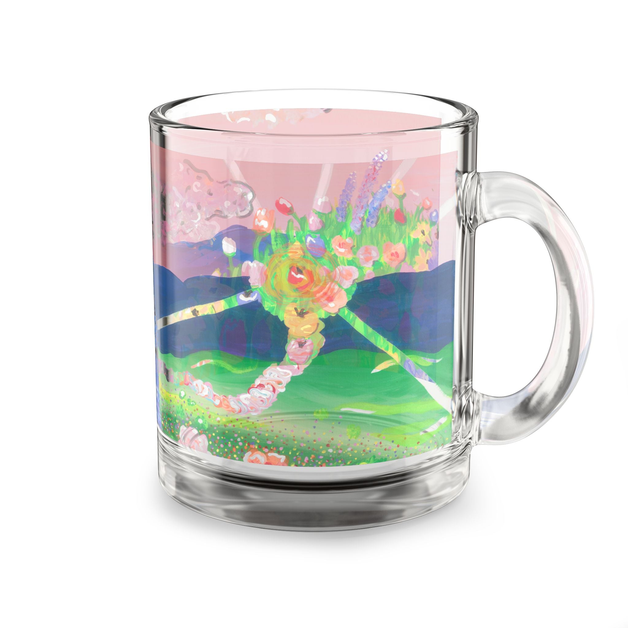 Glass Mug — Pastel Sunset Floral Landscape 10oz
