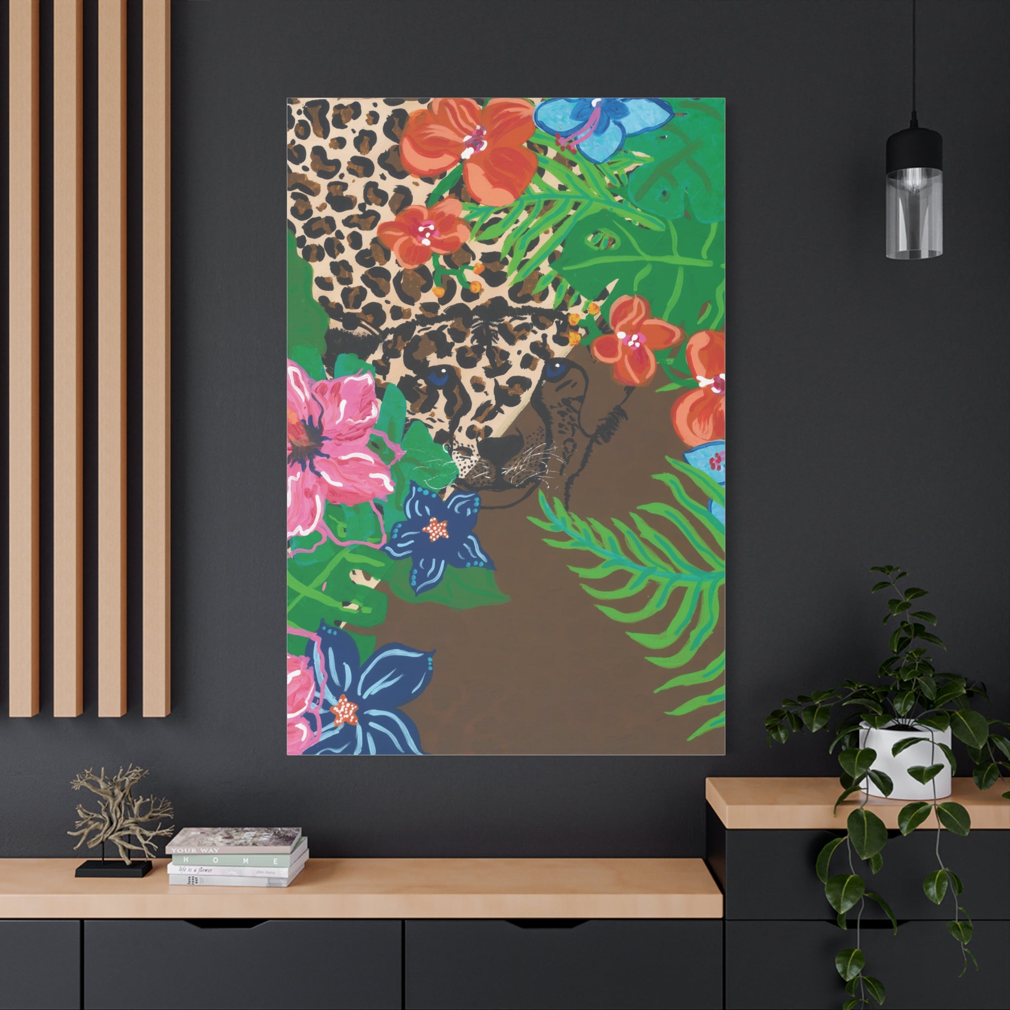 Tropical Cheetah Canvas Wall Art — Floral Jungle Stretched Matte Print