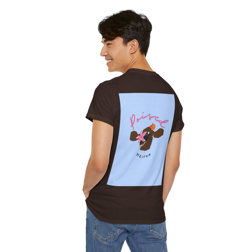 Cow Print Graphic Tee — "Poised Heifer" Cute Pastel Cow Back Print