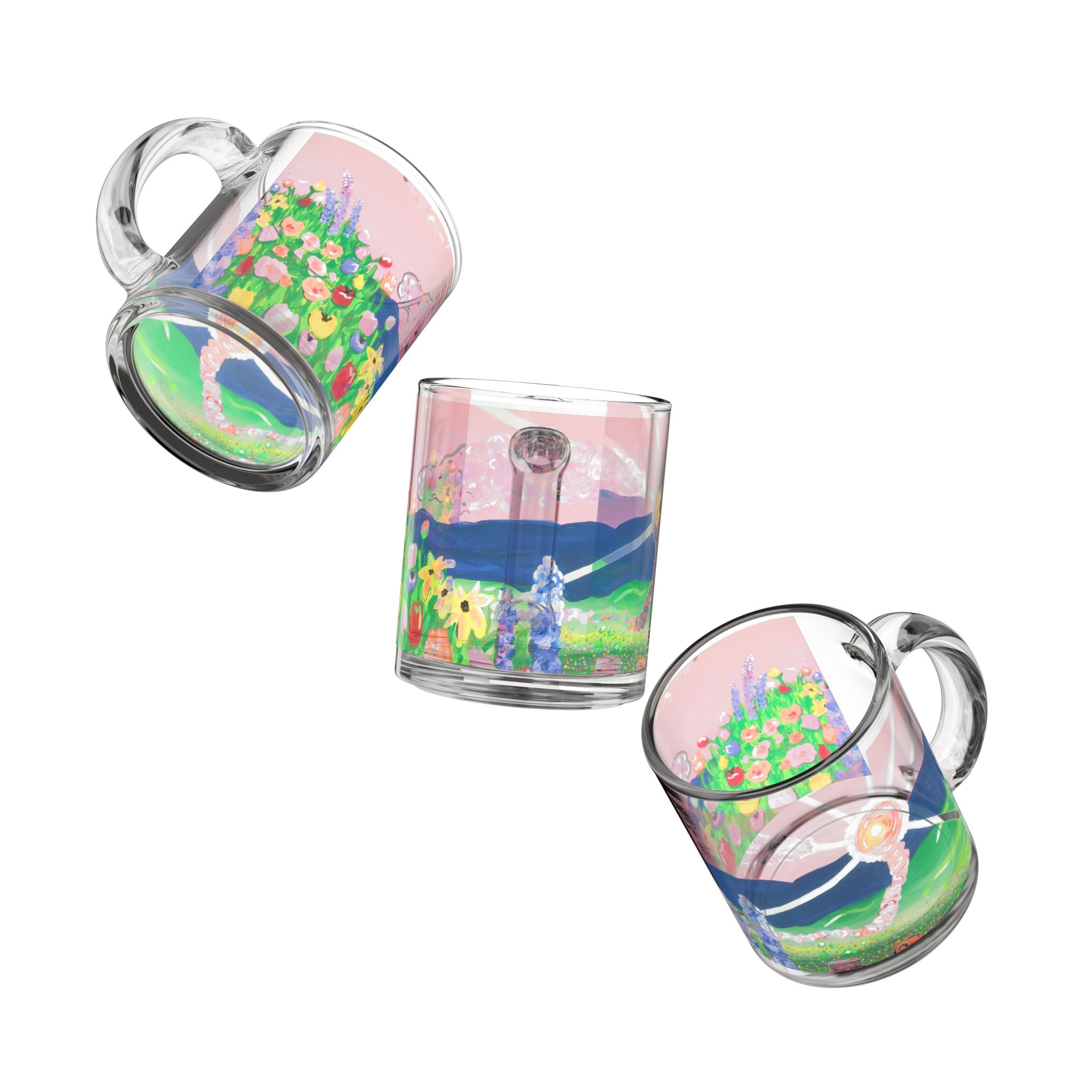 Glass Mug — Pastel Sunset Floral Landscape 10oz