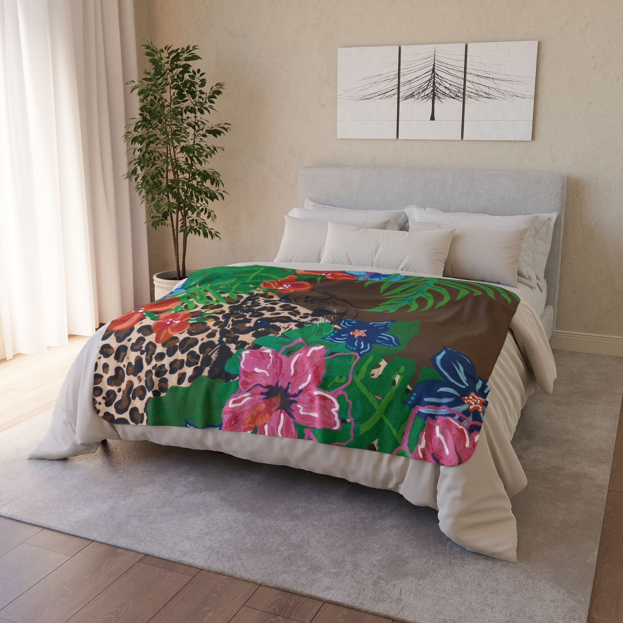 Tropical Cheetah Fleece Sherpa Blanket — Floral Jungle Cozy Throw