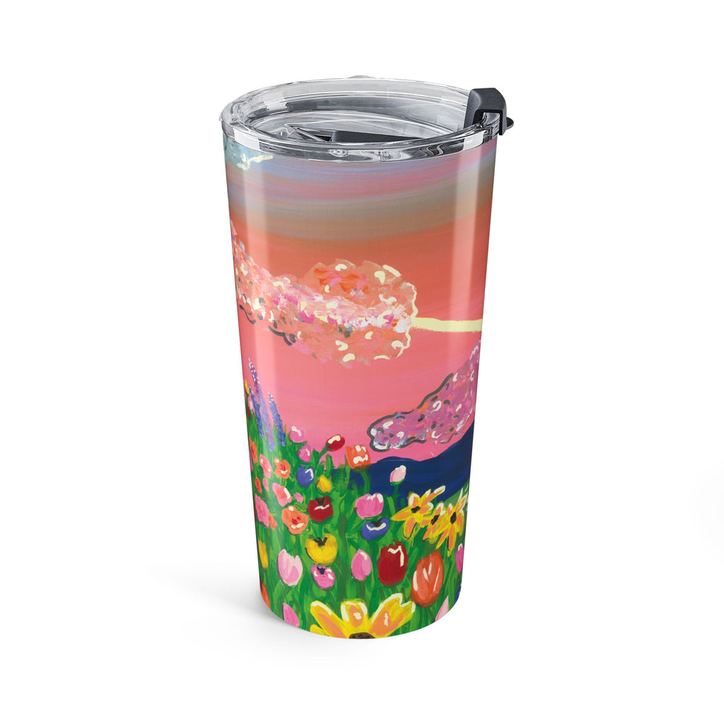 20oz Floral Sunset Tumbler – Colorful Field & Pink Sky Insulated Travel Cup