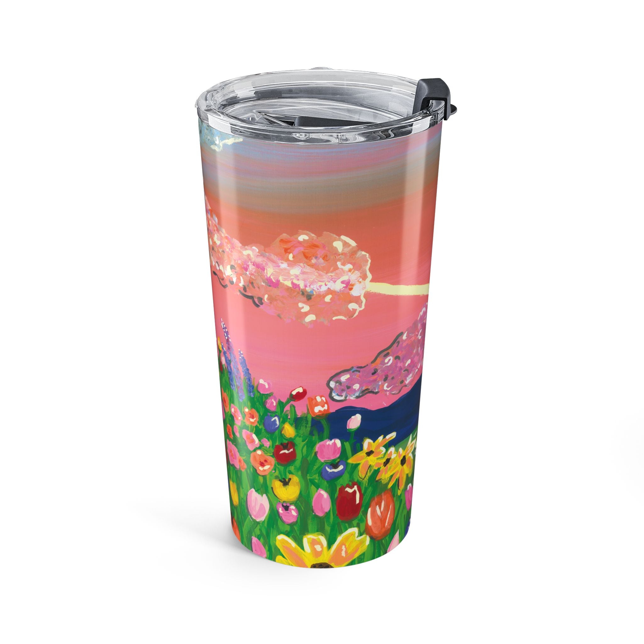 20oz Floral Sunset Tumbler – Colorful Field & Pink Sky Insulated Travel Cup