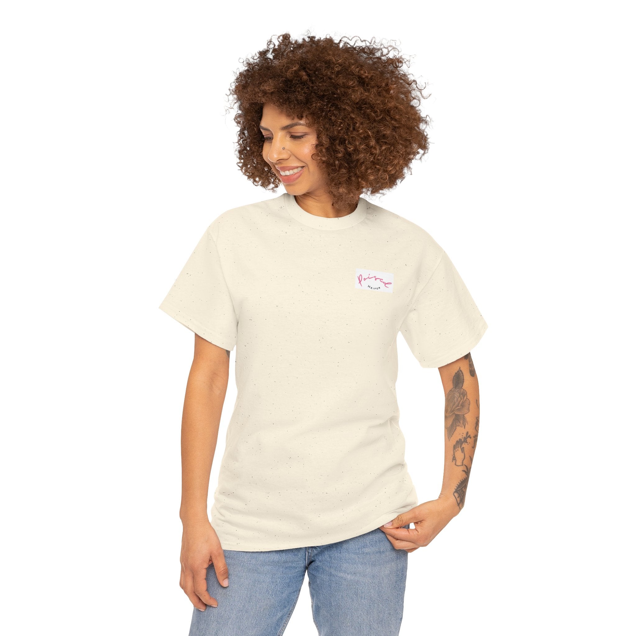 Cow Print Graphic Tee — "Poised Heifer" Cute Pastel Cow Back Print
