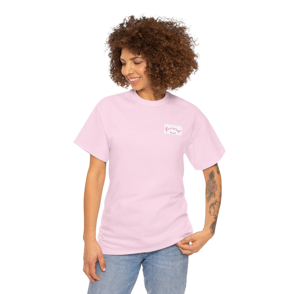 Cow Print Graphic Tee — "Poised Heifer" Cute Pastel Cow Back Print