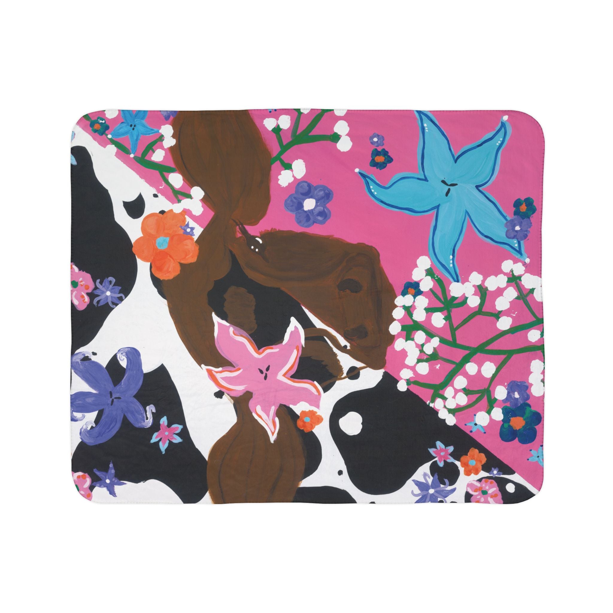 Cow Print Floral Fleece Sherpa Blanket — Pink Floral Cows Cozy Throw