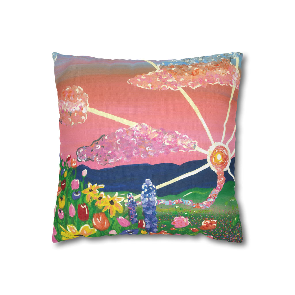 Floral Sunset Decorative Pillowcase — Pink Garden Sunburst Square Throw