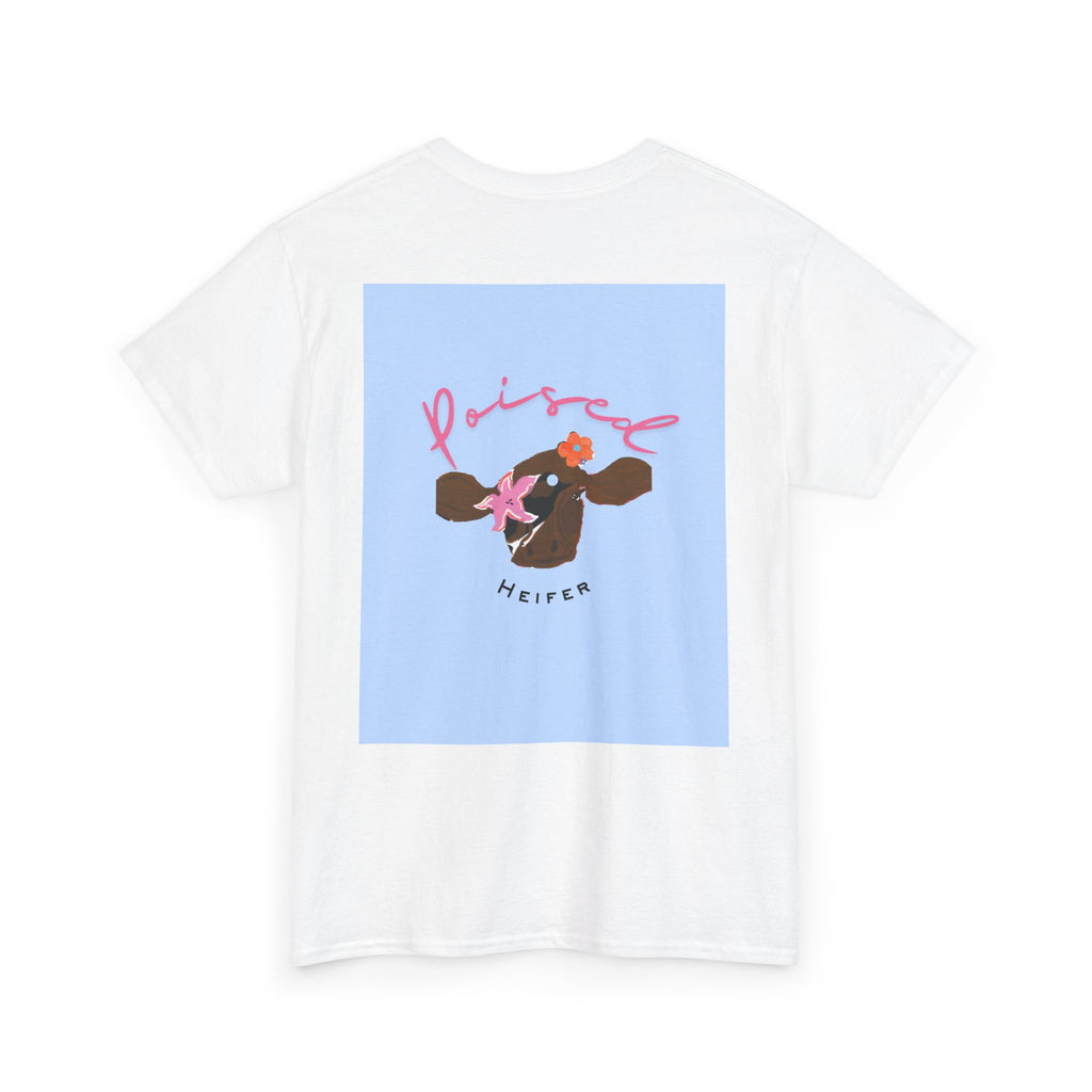 Cow Print Graphic Tee — "Poised Heifer" Cute Pastel Cow Back Print