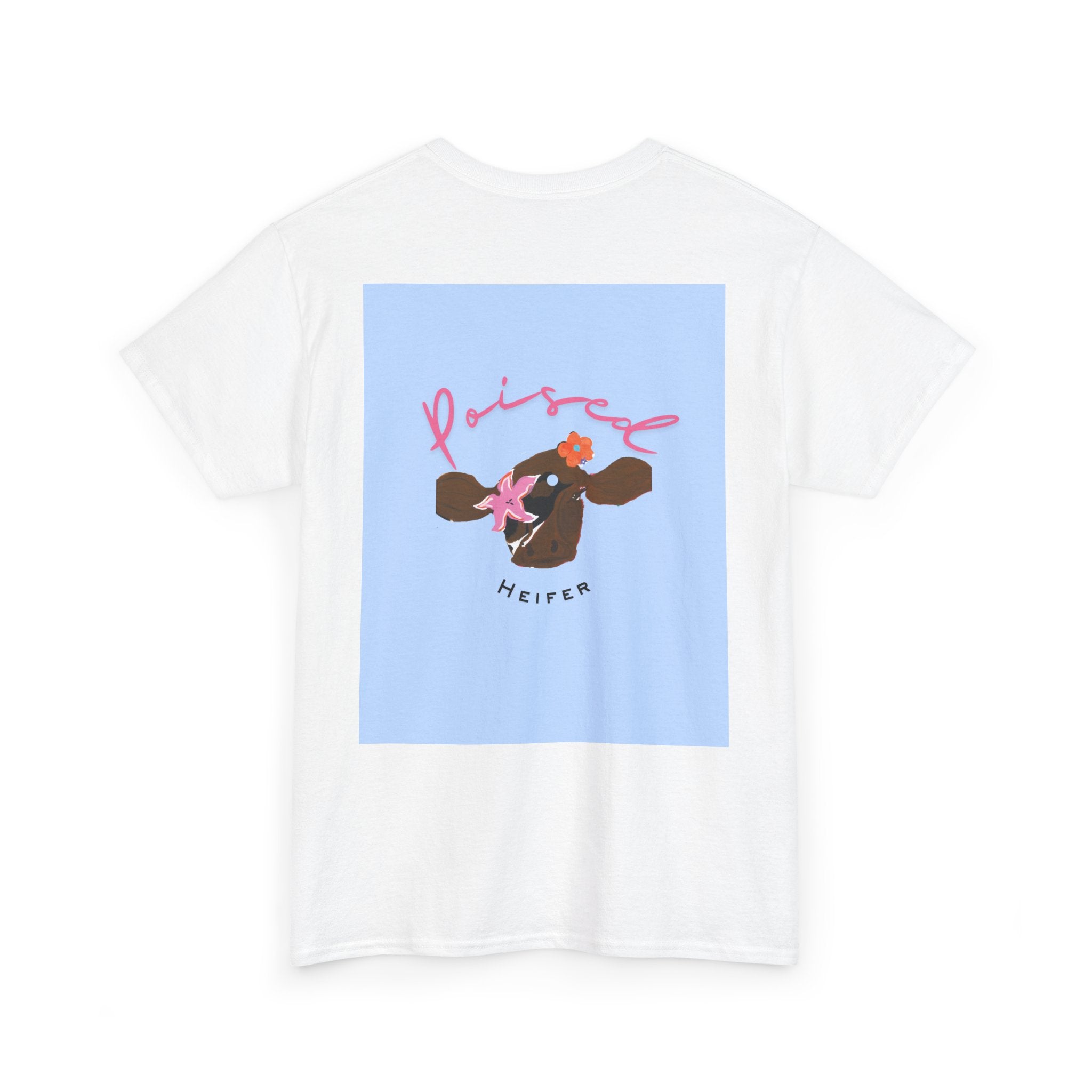 Cow Print Graphic Tee — "Poised Heifer" Cute Pastel Cow Back Print