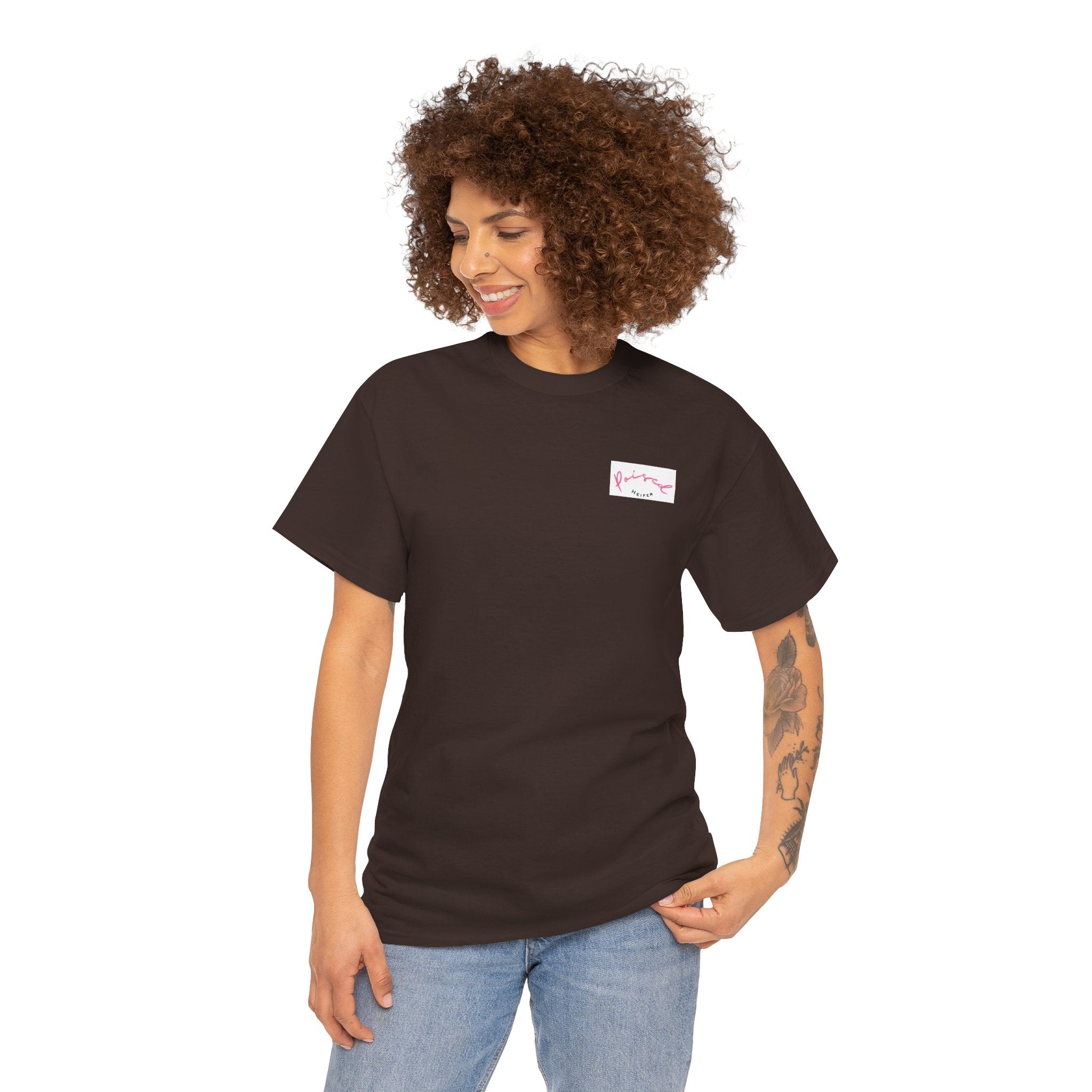 Cow Print Graphic Tee — "Poised Heifer" Cute Pastel Cow Back Print