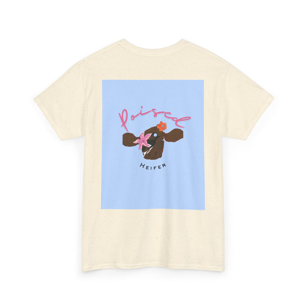 Cow Print Graphic Tee — "Poised Heifer" Cute Pastel Cow Back Print