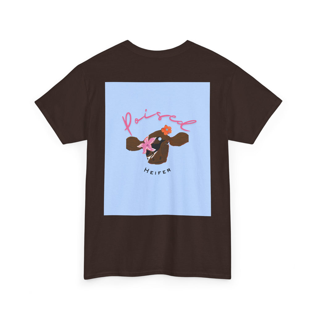 Cow Print Graphic Tee — "Poised Heifer" Cute Pastel Cow Back Print