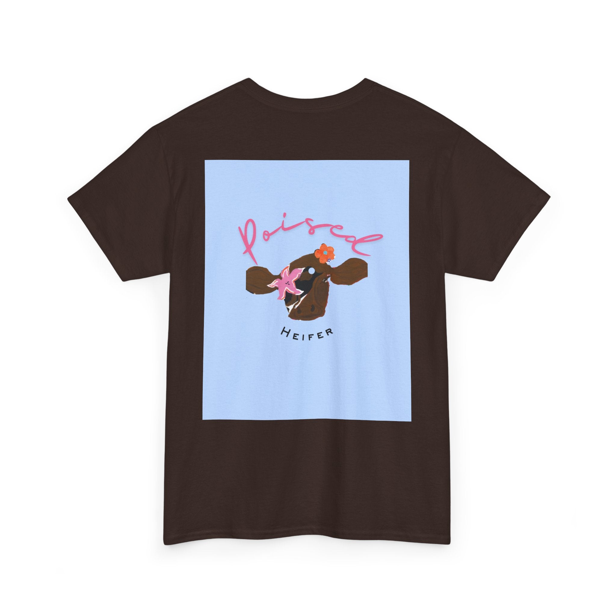 Cow Print Graphic Tee — "Poised Heifer" Cute Pastel Cow Back Print
