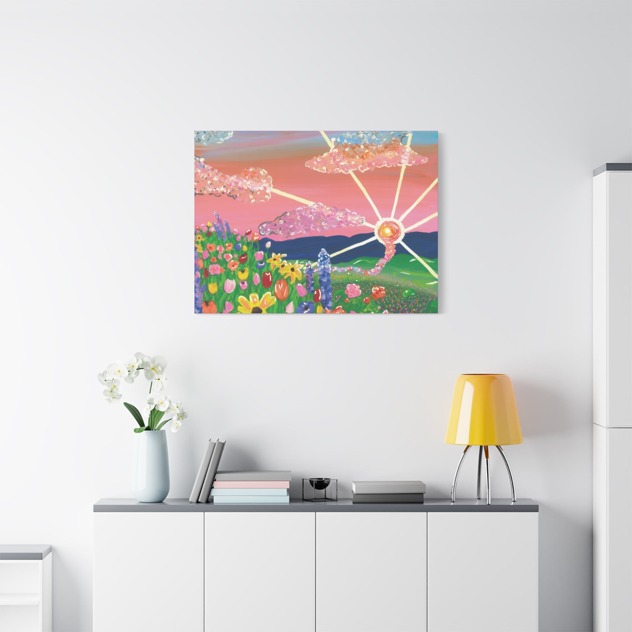 Floral Sunset Canvas Wall Art — Colorful Meadow & Sparkling Sun