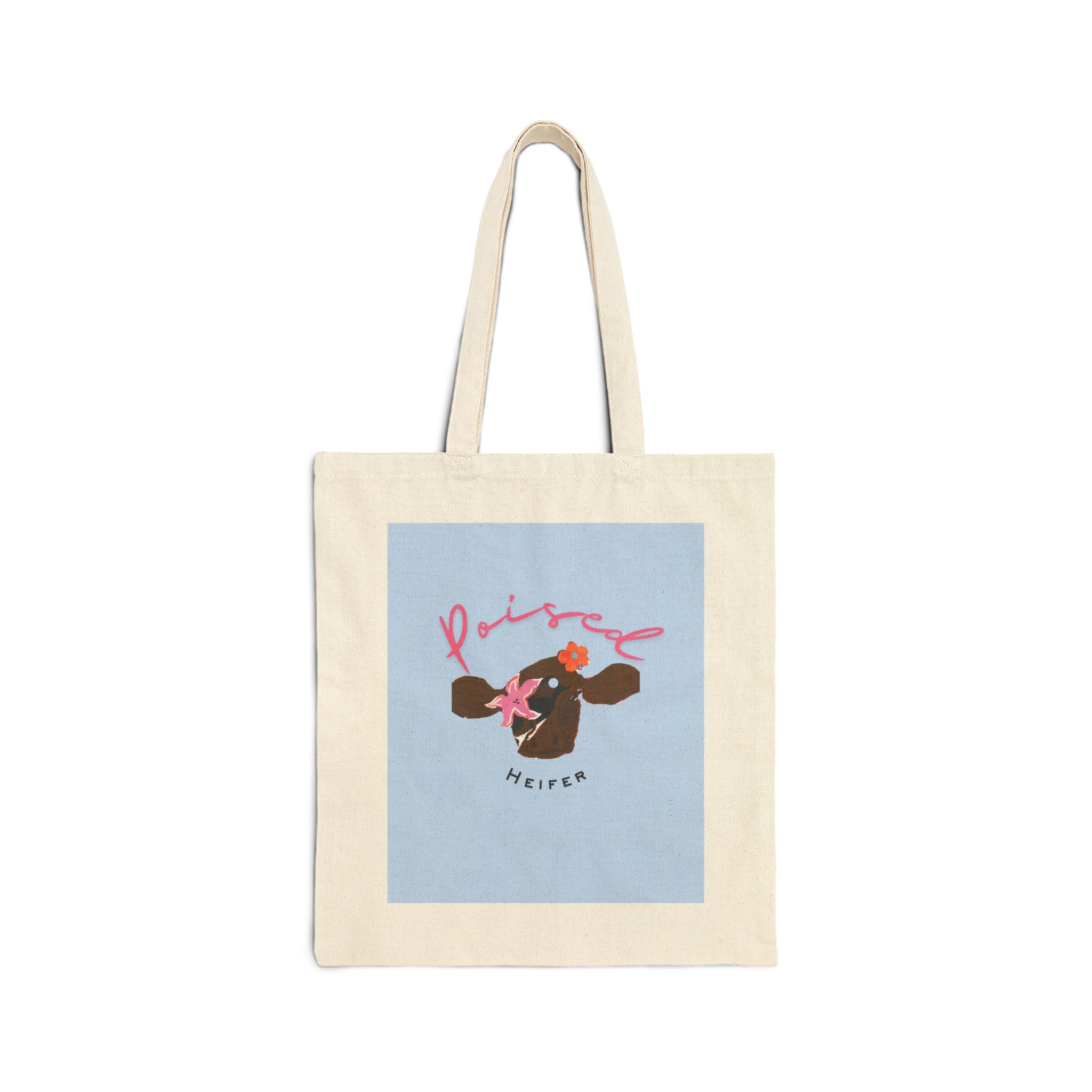 Canvas Tote Bag — Floral & Hand-Drawn Cow Art Market Tote
