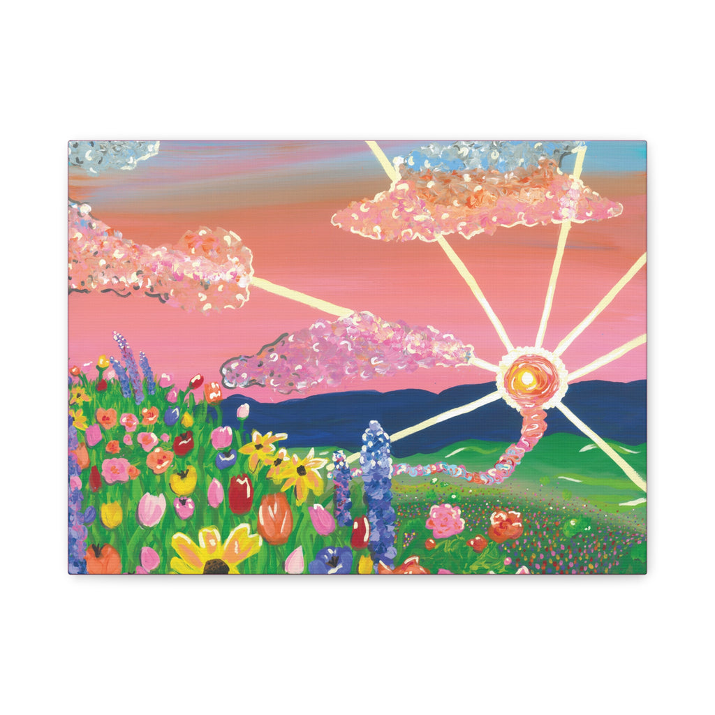 Floral Sunset Canvas Wall Art — Colorful Meadow & Sparkling Sun