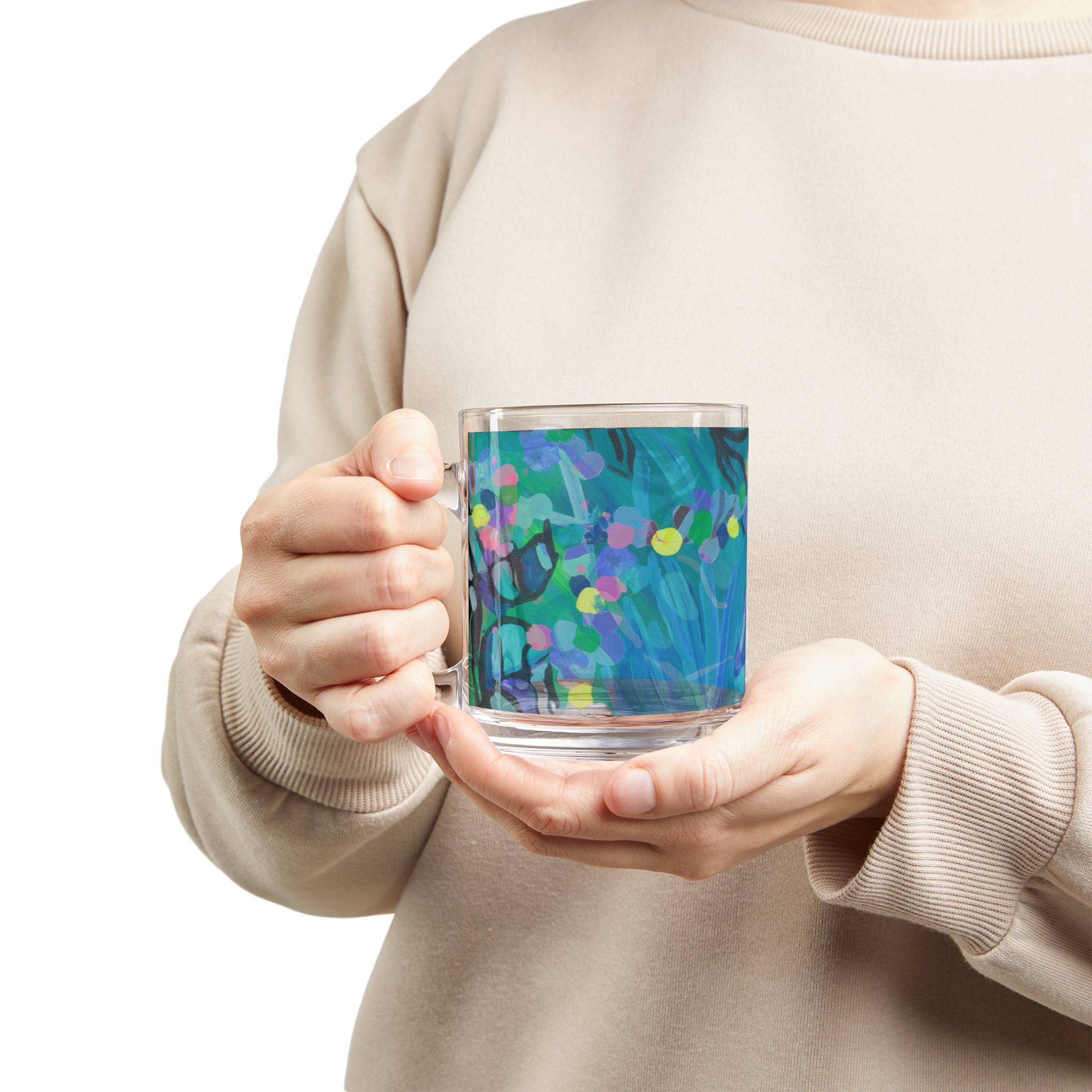 Blue Abstract Art Glass Mug — 10oz Ocean-Inspired Coffee Cup
