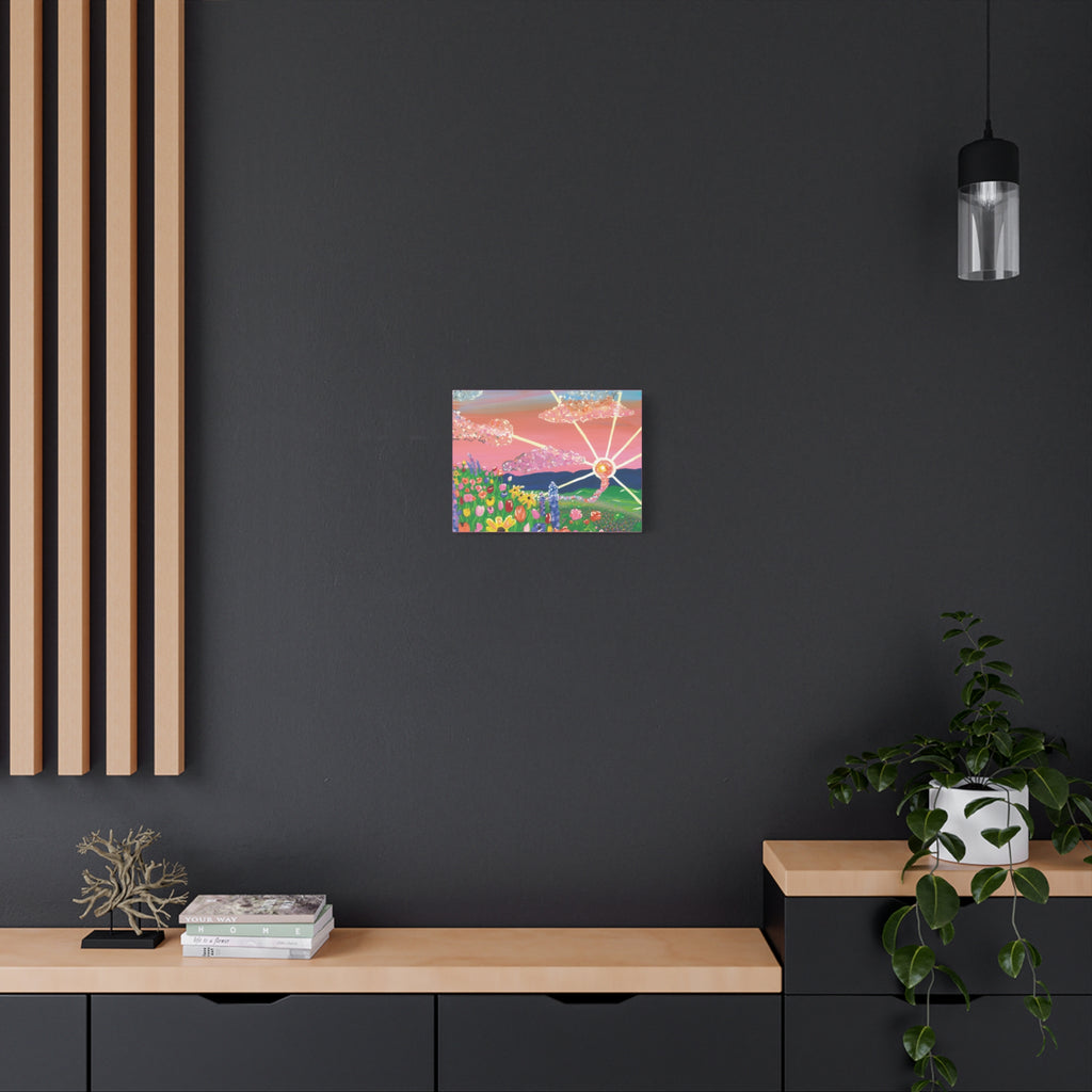 Floral Sunset Canvas Wall Art — Colorful Meadow & Sparkling Sun