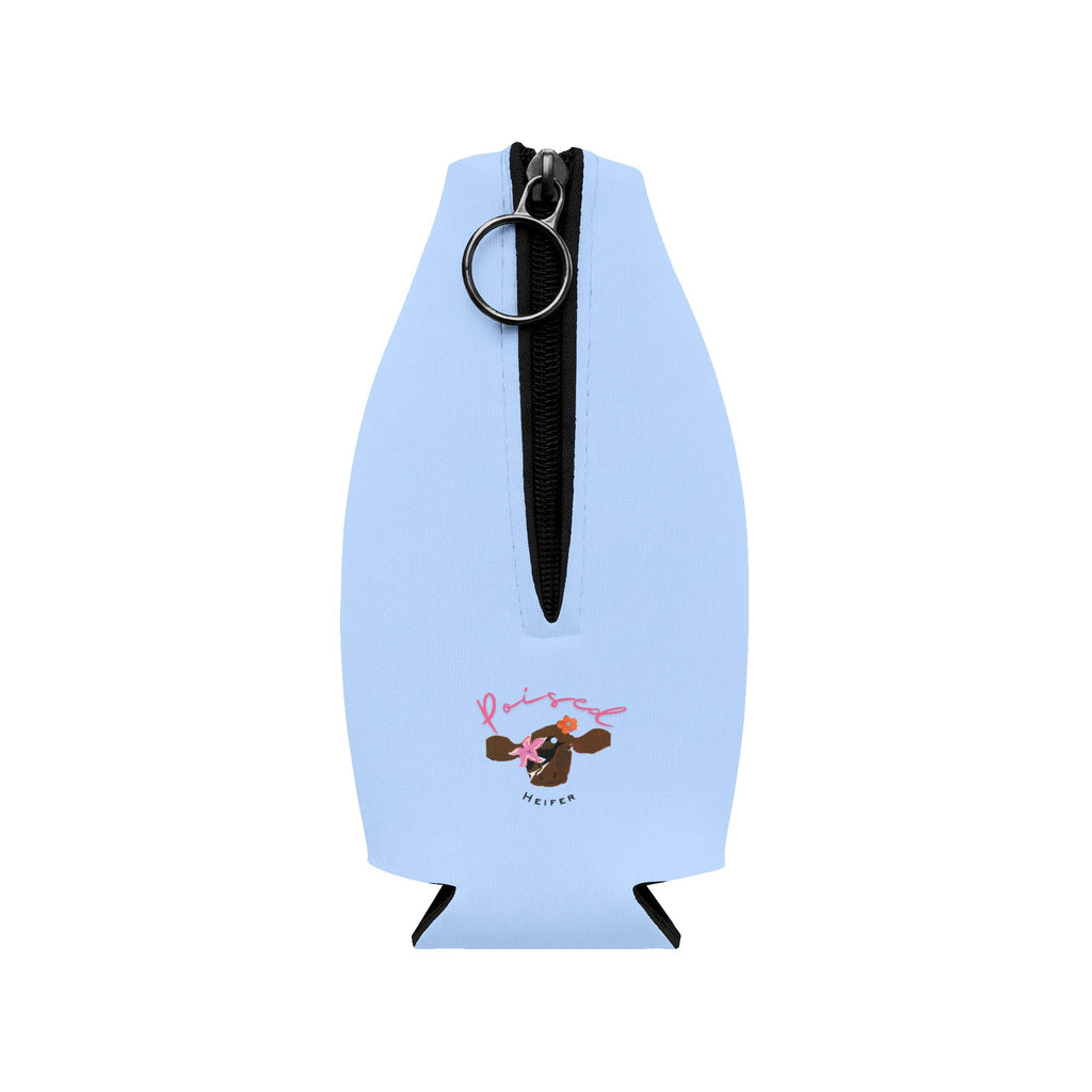 Poised Heifer Zip-Up Bottle Cooler Sleeve — Neoprene Can Cooler with Cow Design
