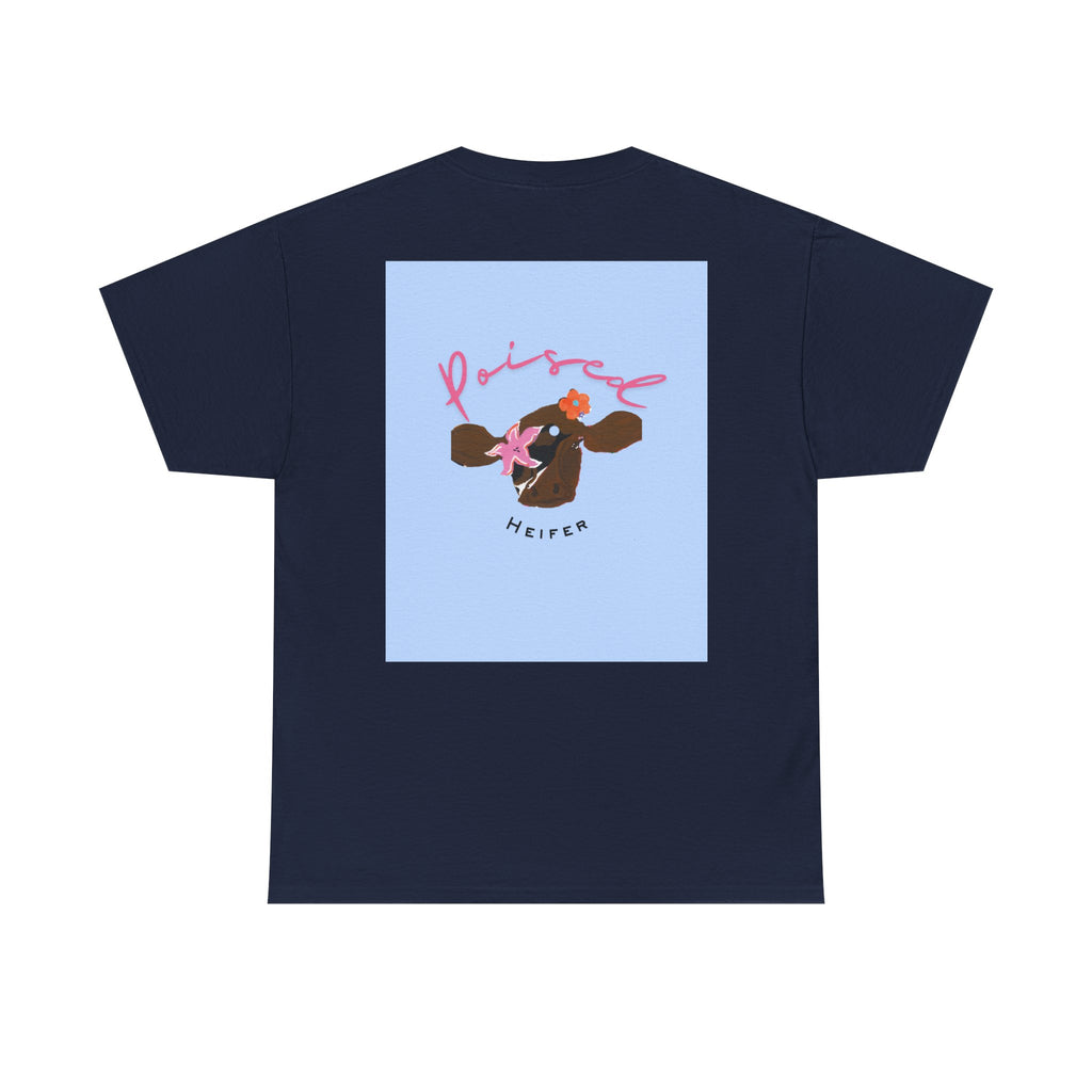 Cow Print Graphic Tee — "Poised Heifer" Cute Pastel Cow Back Print