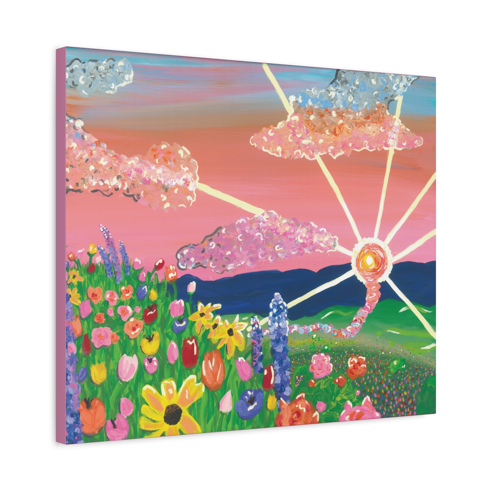 Floral Sunset Canvas Wall Art — Colorful Meadow & Sparkling Sun