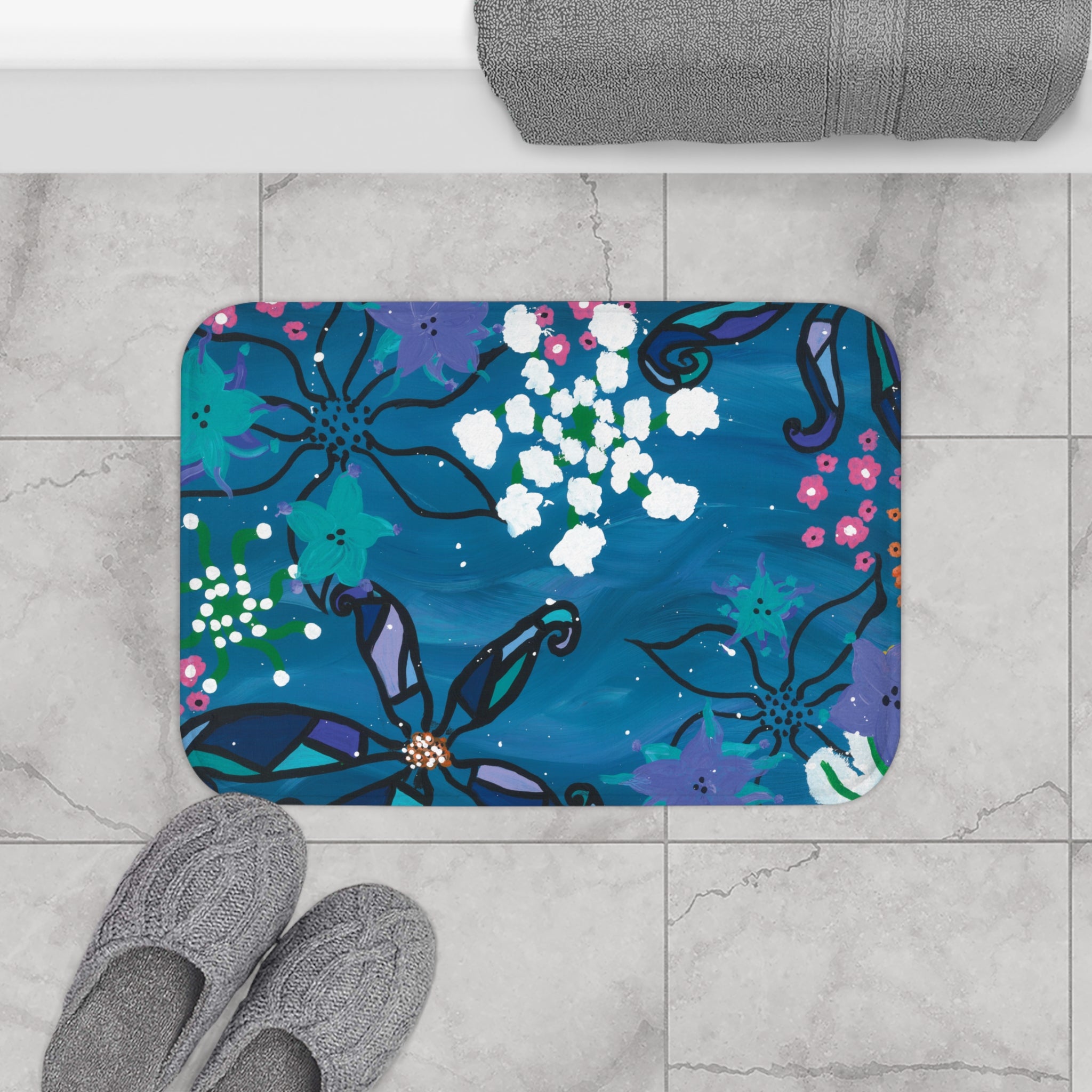 Blue Floral Bath Mat – Vibrant Garden Bathroom Rug