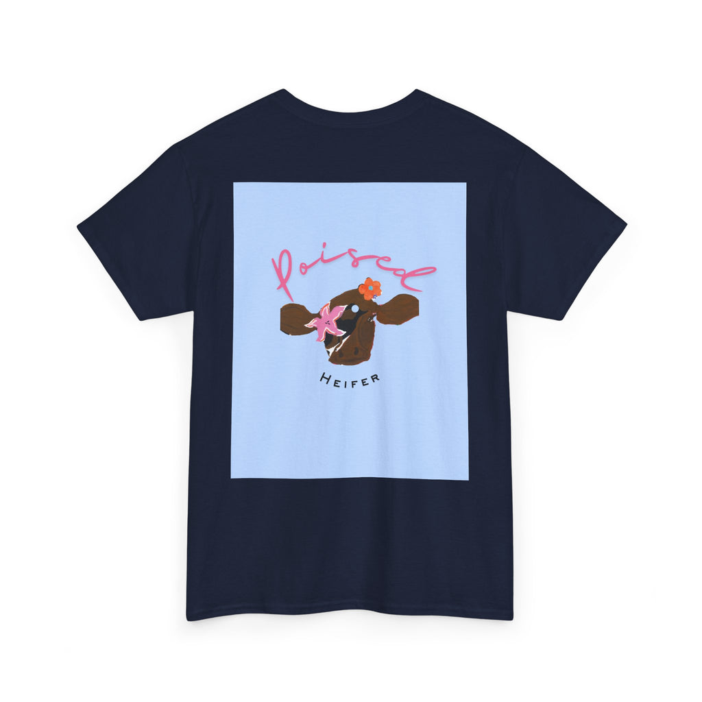 Cow Print Graphic Tee — "Poised Heifer" Cute Pastel Cow Back Print