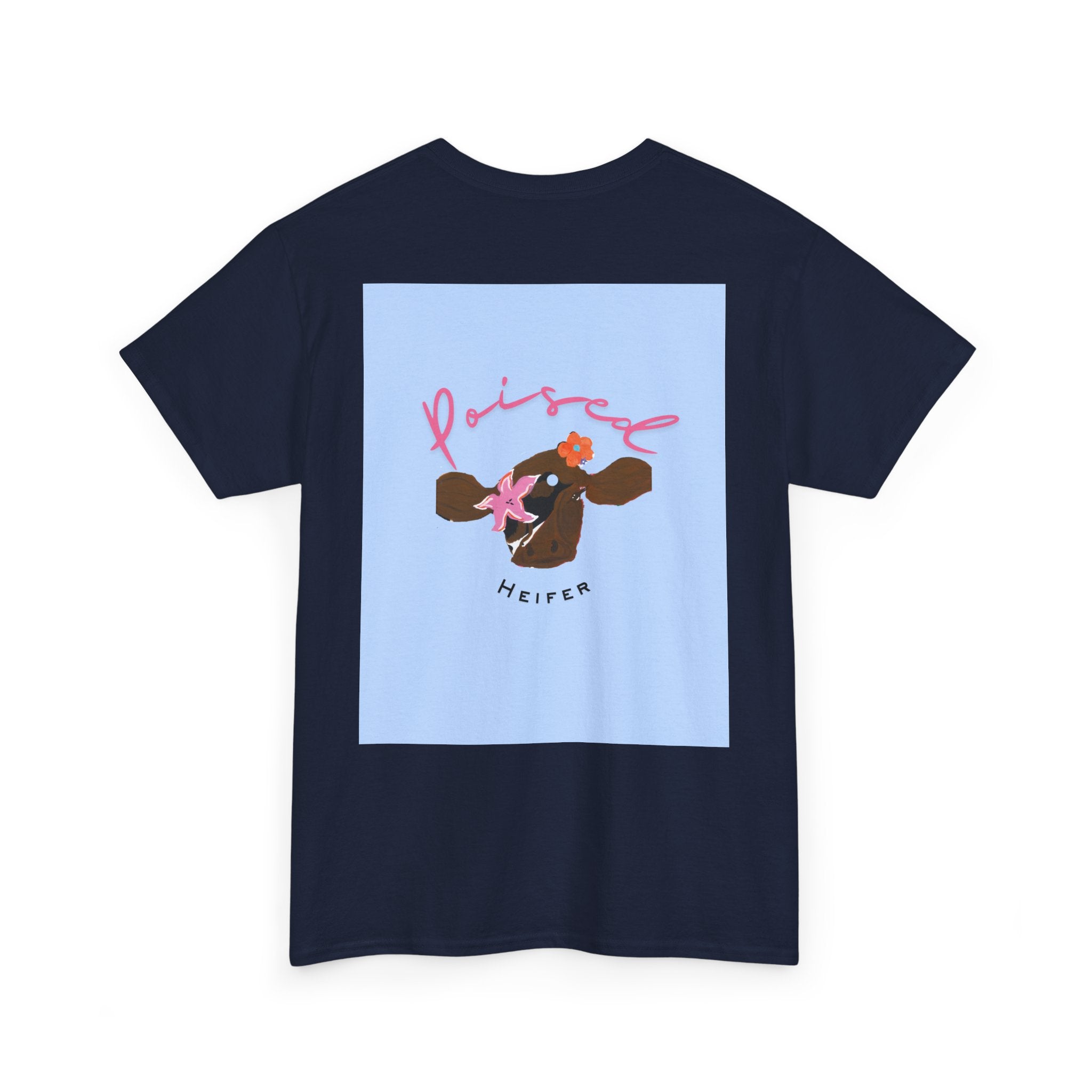 Cow Print Graphic Tee — "Poised Heifer" Cute Pastel Cow Back Print