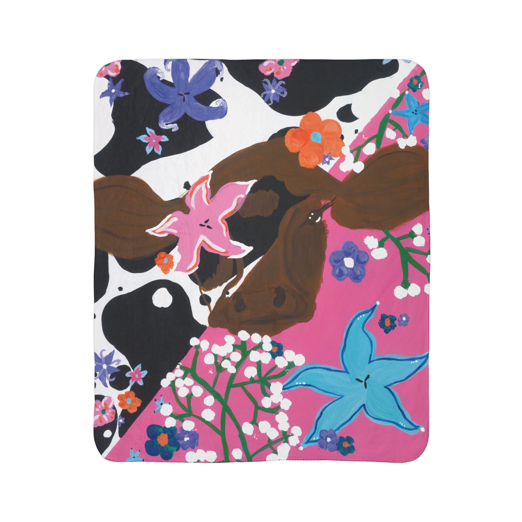 Cow Print Floral Fleece Sherpa Blanket — Pink Floral Cows Cozy Throw