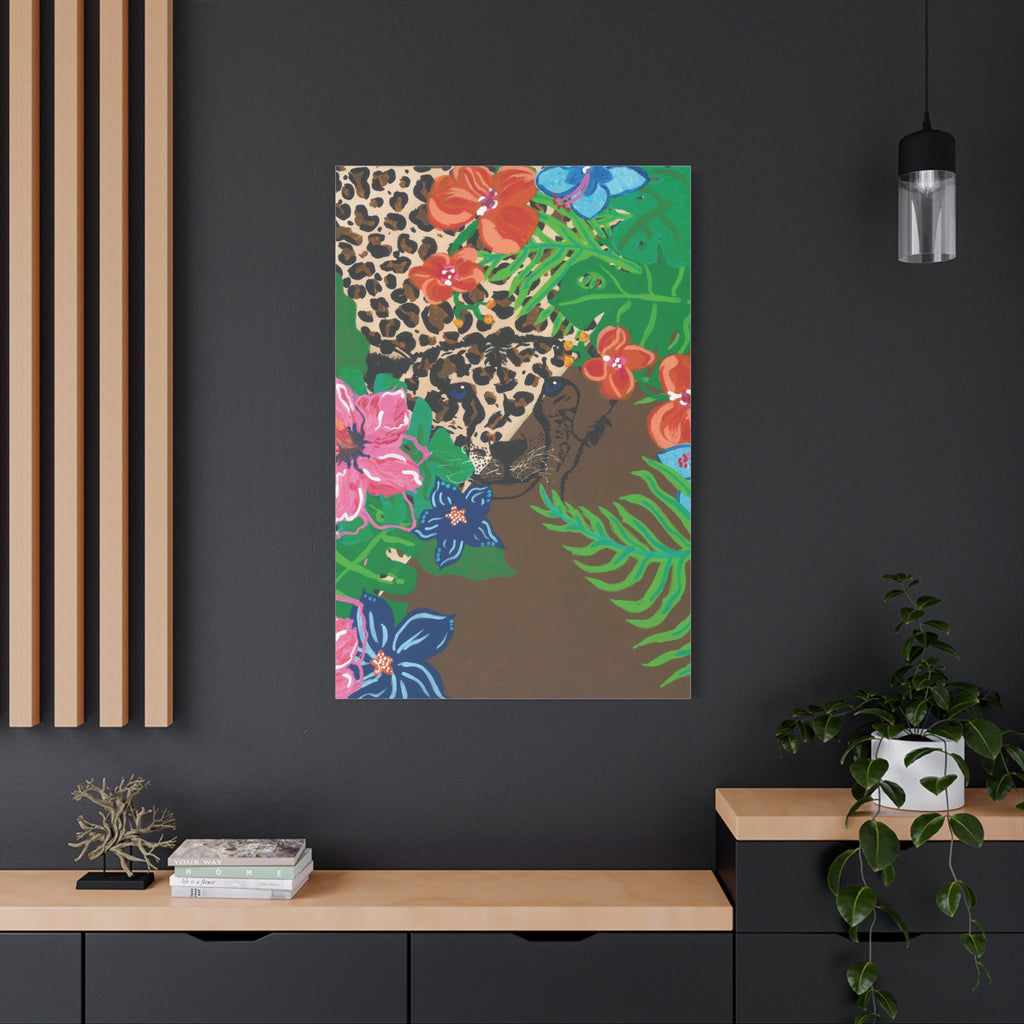 Tropical Cheetah Canvas Wall Art — Floral Jungle Stretched Matte Print