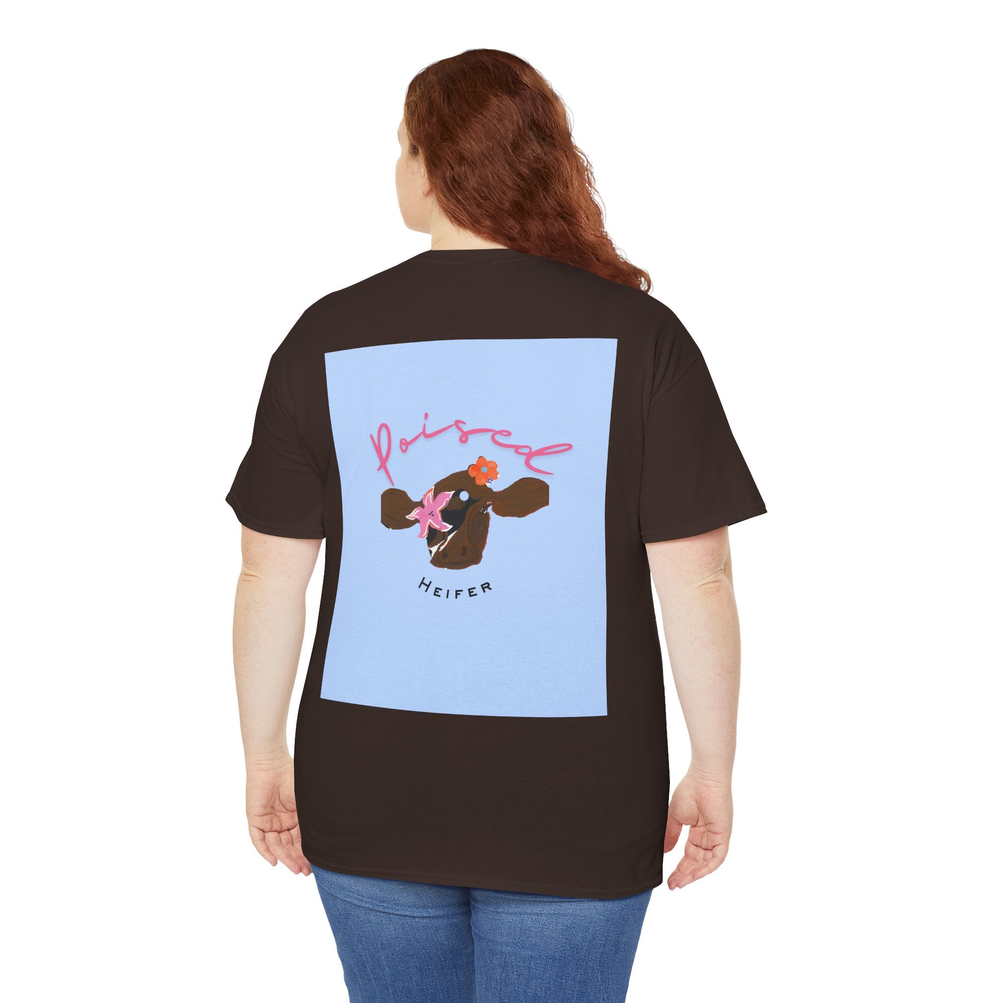 Cow Print Graphic Tee — "Poised Heifer" Cute Pastel Cow Back Print