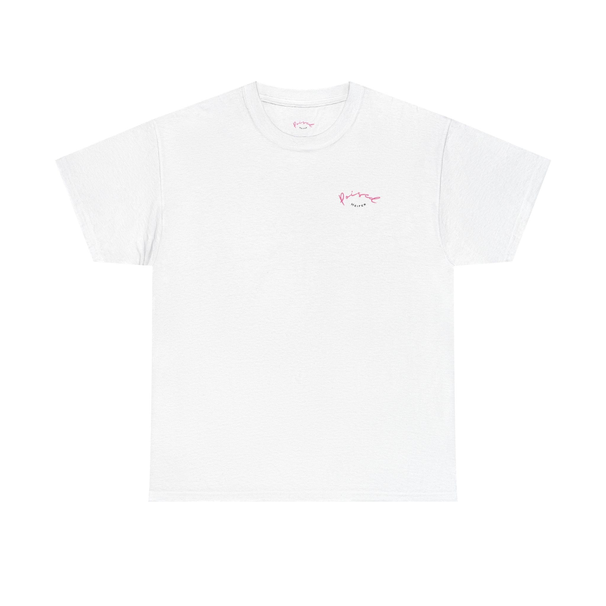 Cow Print Graphic Tee — "Poised Heifer" Cute Pastel Cow Back Print