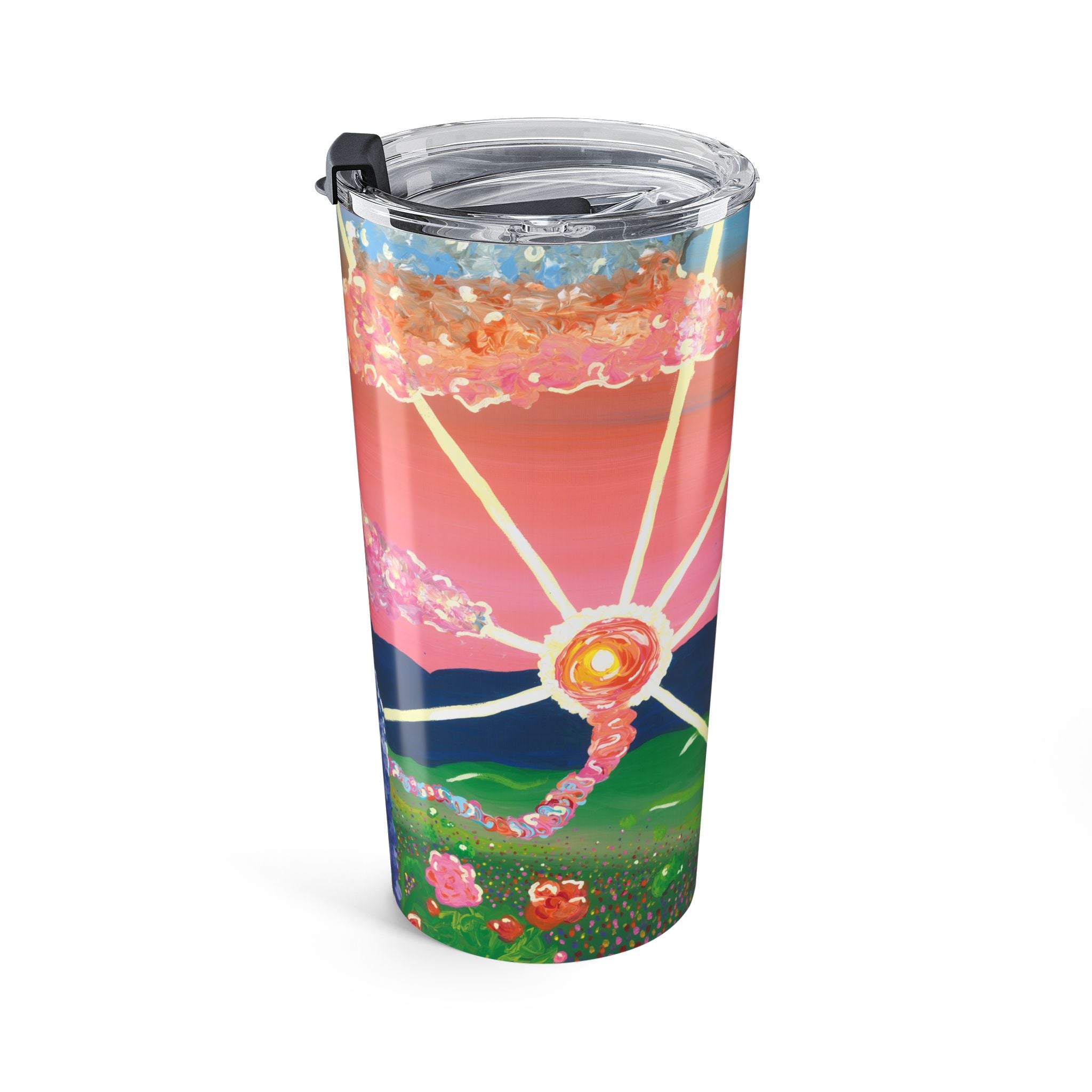 20oz Floral Sunset Tumbler – Colorful Field & Pink Sky Insulated Travel Cup