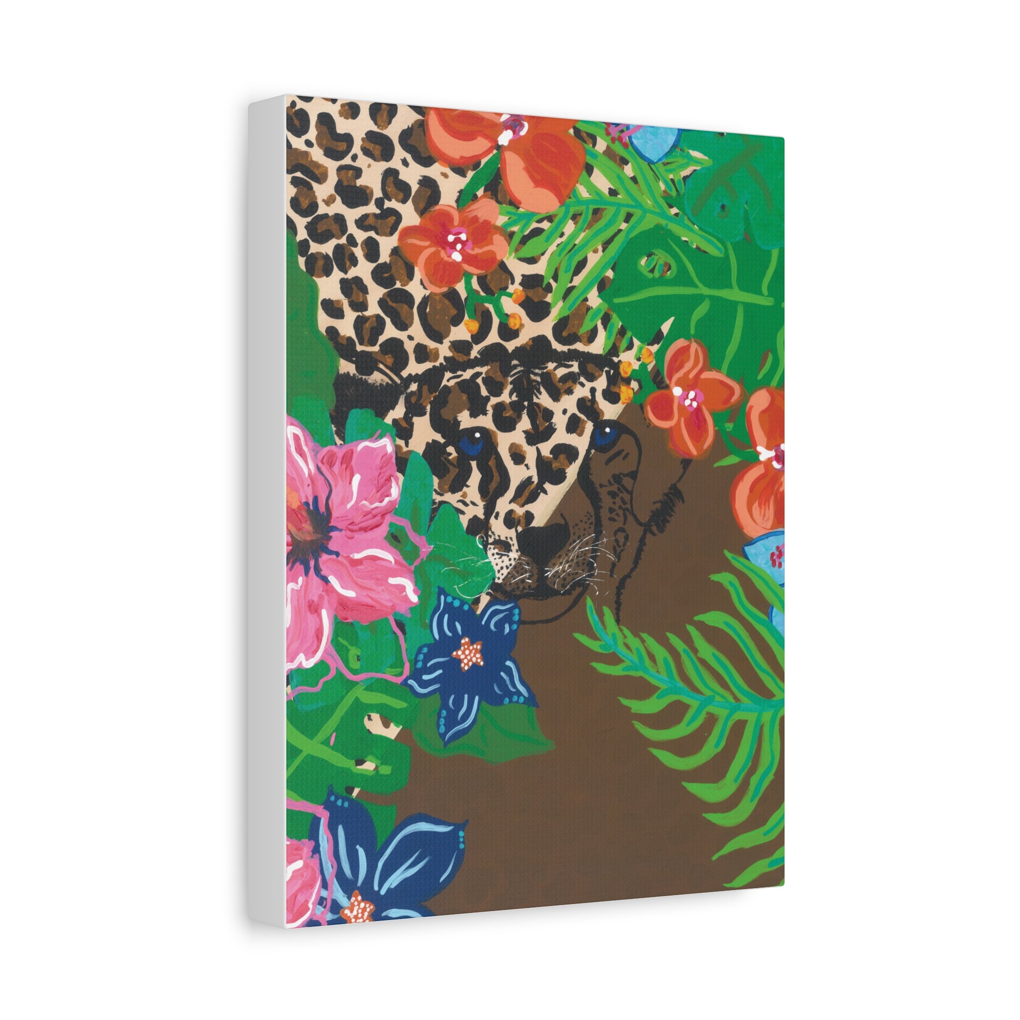 Tropical Cheetah Canvas Wall Art — Floral Jungle Stretched Matte Print