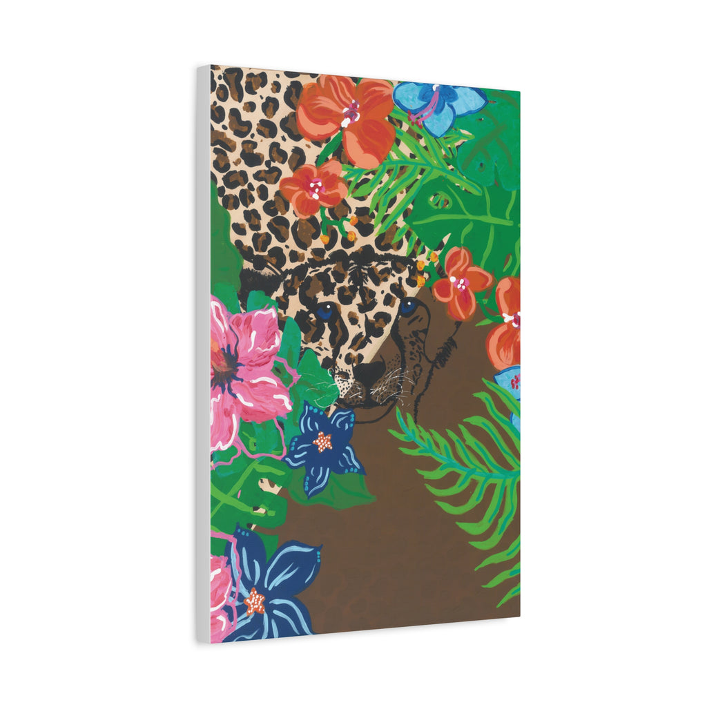 Tropical Cheetah Canvas Wall Art — Floral Jungle Stretched Matte Print