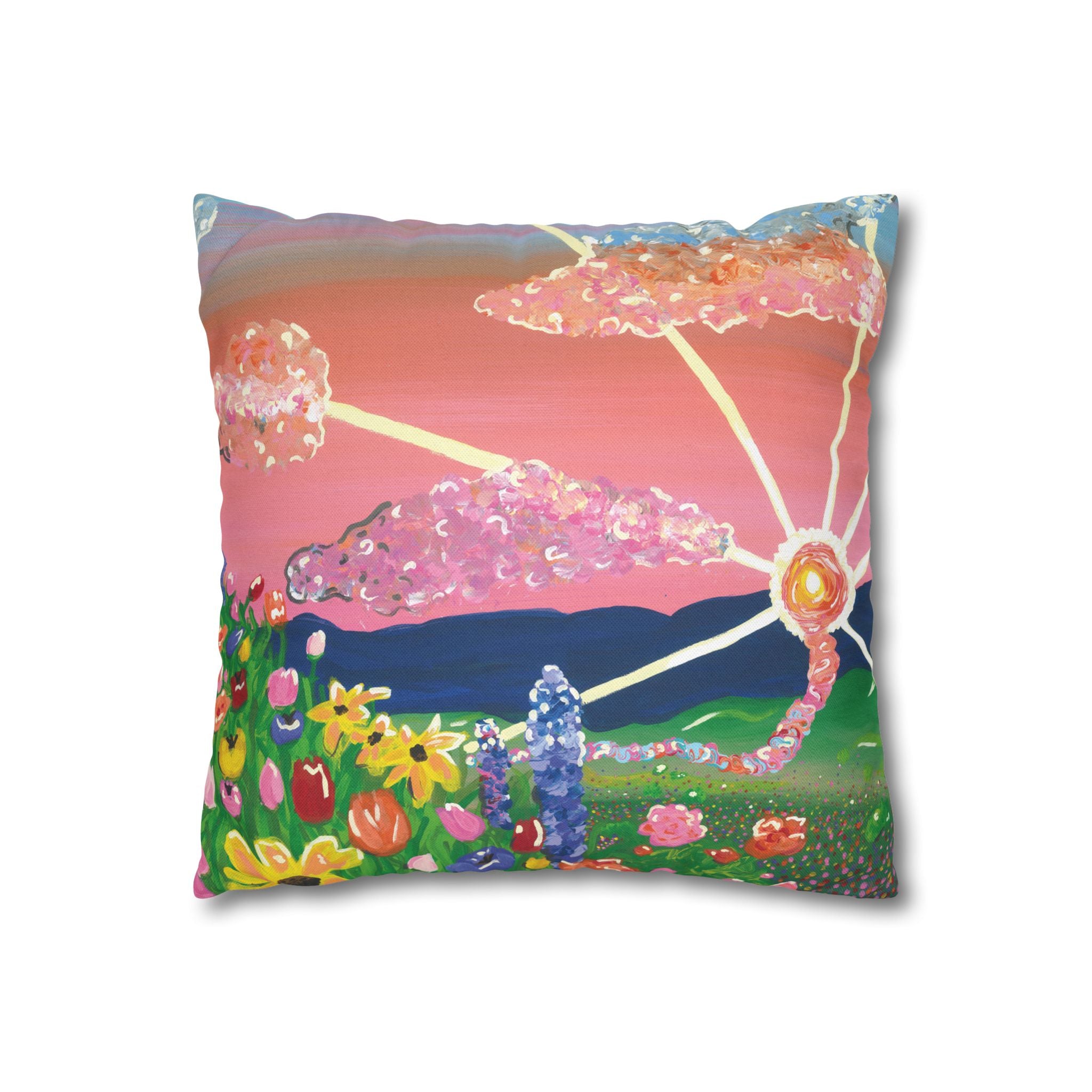 Floral Sunset Decorative Pillowcase — Pink Garden Sunburst Square Throw