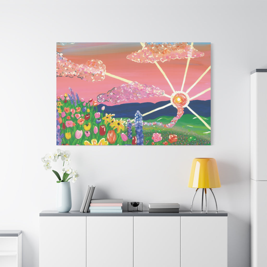 Floral Sunset Canvas Wall Art — Colorful Meadow & Sparkling Sun