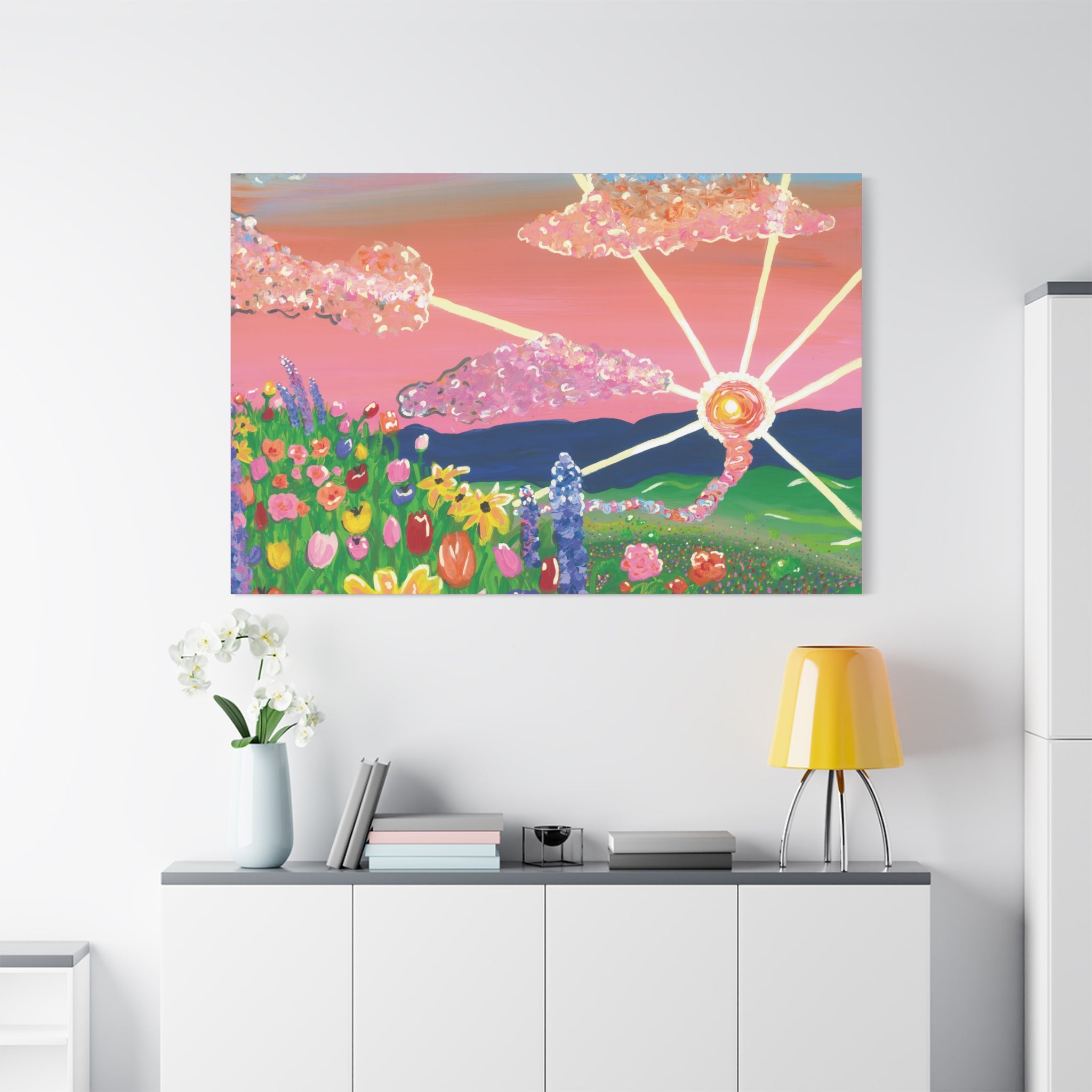 Floral Sunset Canvas Wall Art — Colorful Meadow & Sparkling Sun